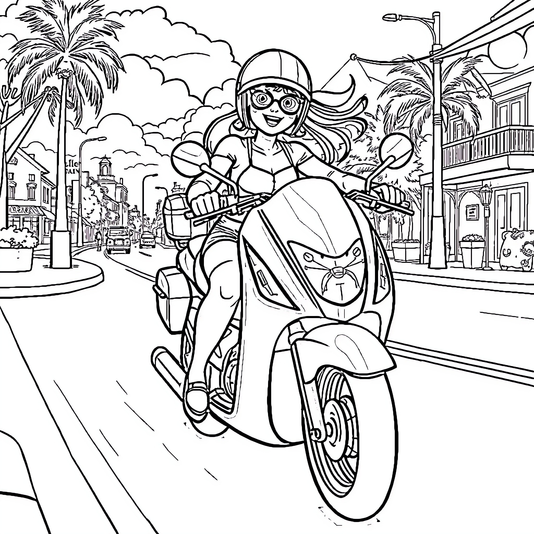 Bluey riding a scooter through a tropical town Coloring Page (free black-and-white line drawing printable PDF for all, from beginners to advanced learners, including children, teens, adults, and seniors)