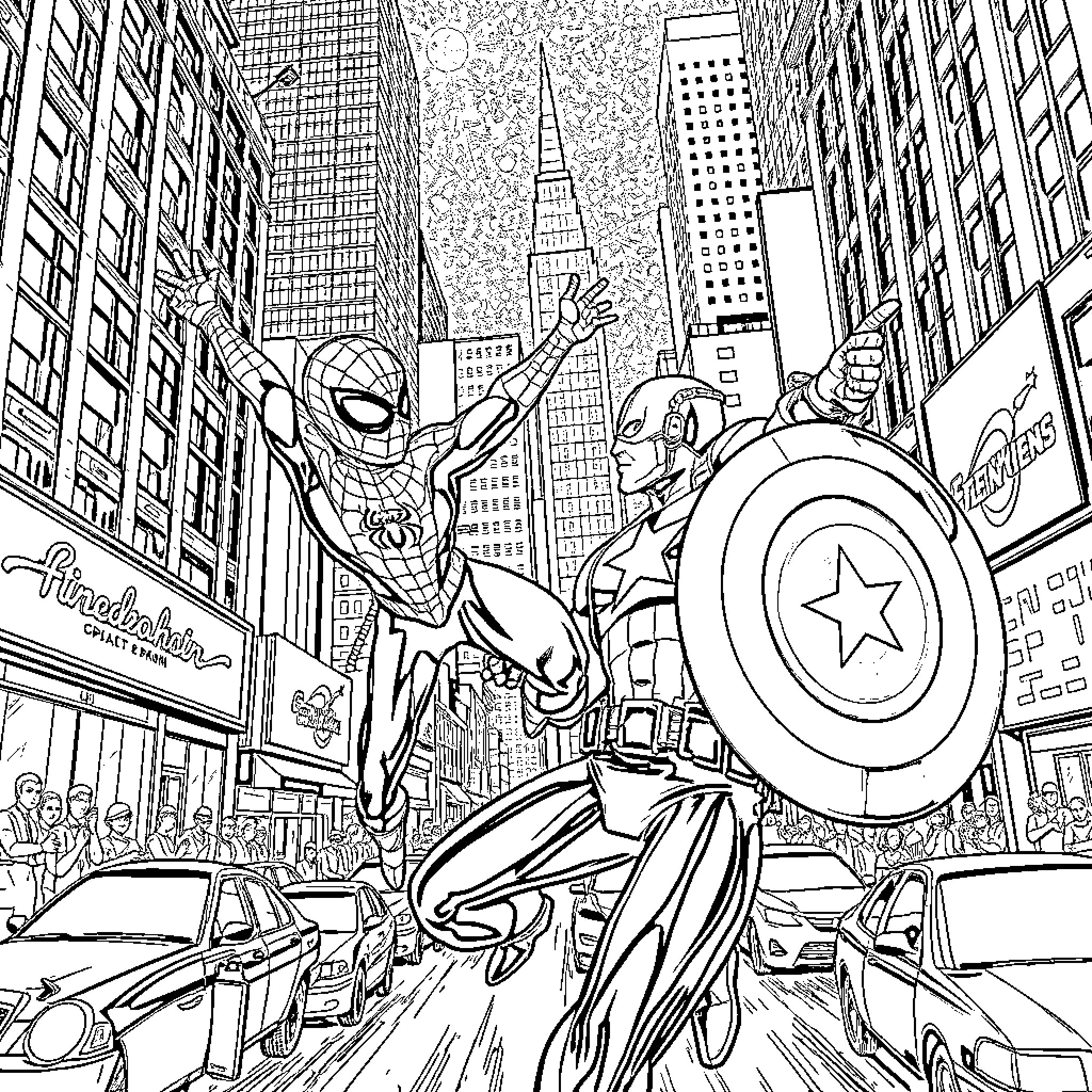 Spider-Man swinging through New York City with Captain America Coloring Page (free black-and-white line drawing printable PDF for all, from beginners to advanced learners, including children, teens, adults, and seniors)