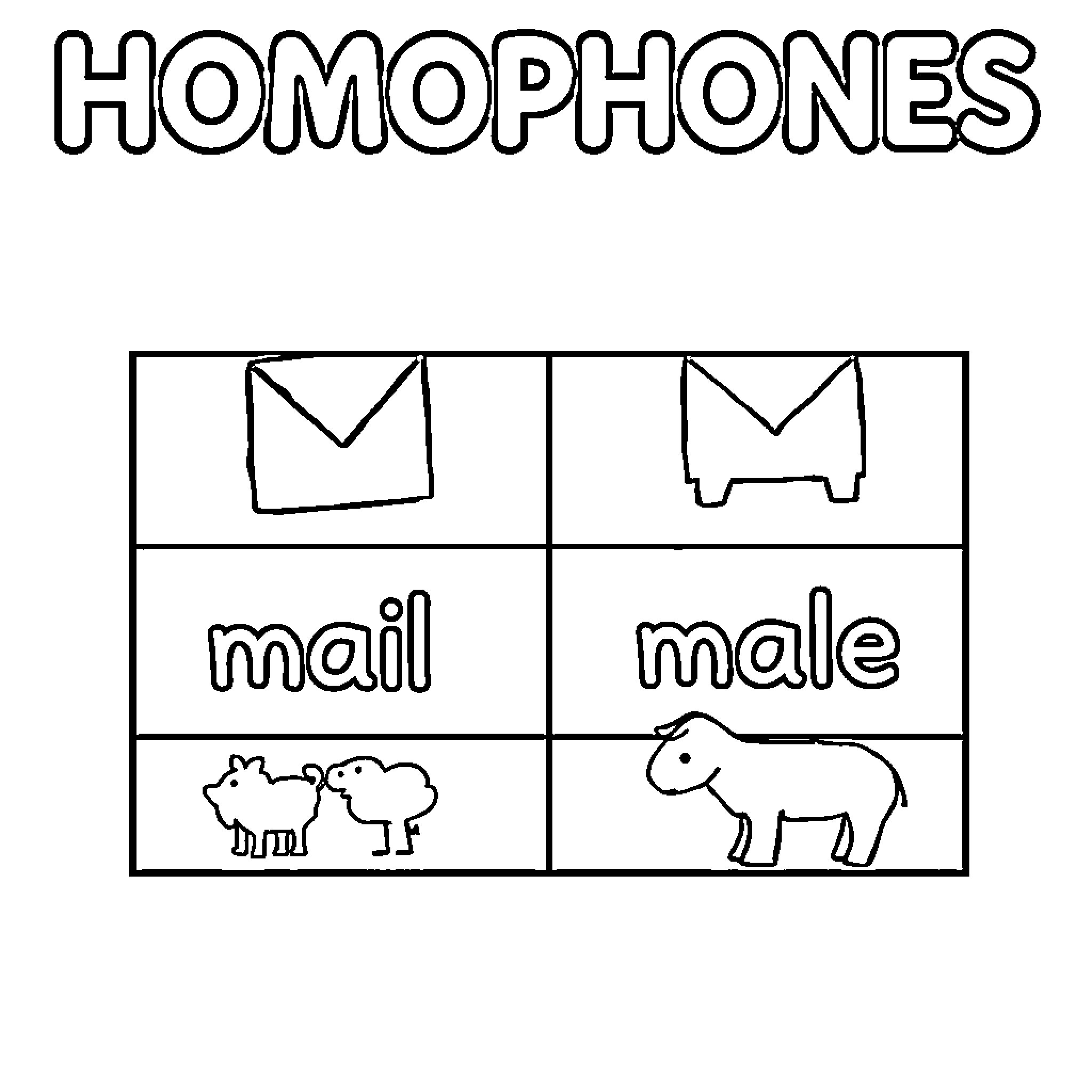 Homophone Illustrations Contrasting Homophones Coloring Page (free black-and-white line drawing printable PDF for all, from beginners to advanced learners, including children, teens, adults, and seniors)