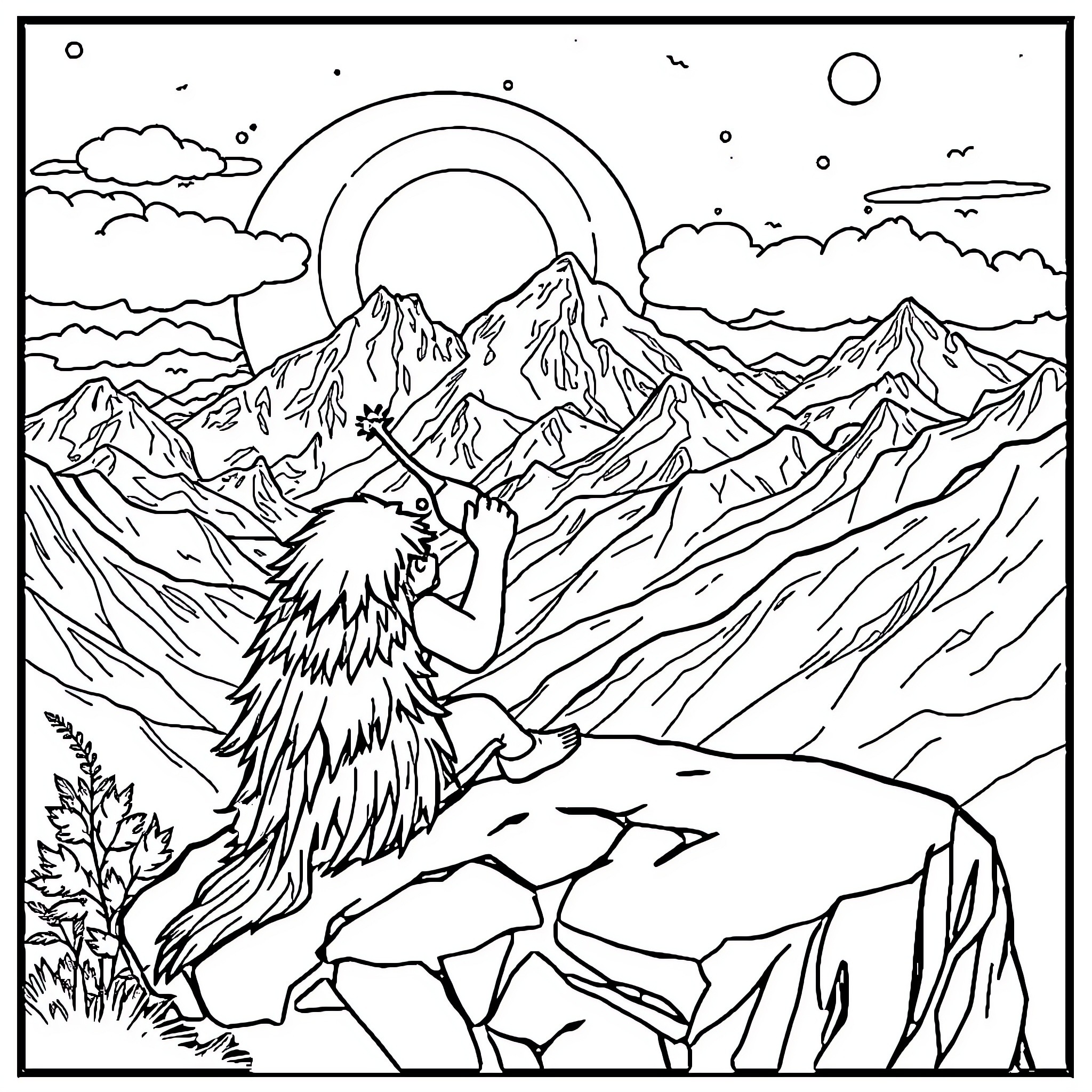 Vahiana's Journey Through the Majestic Mountains Coloring Page (free black-and-white line drawing printable PDF for all, from beginners to advanced learners, including children, teens, adults, and seniors)