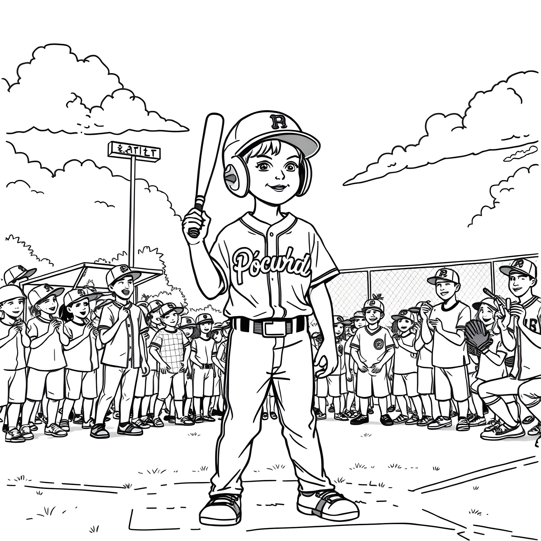 Slugger steps up to the plate with team cheering Coloring Page (free black-and-white line drawing printable PDF for all, from beginners to advanced learners, including children, teens, adults, and seniors)