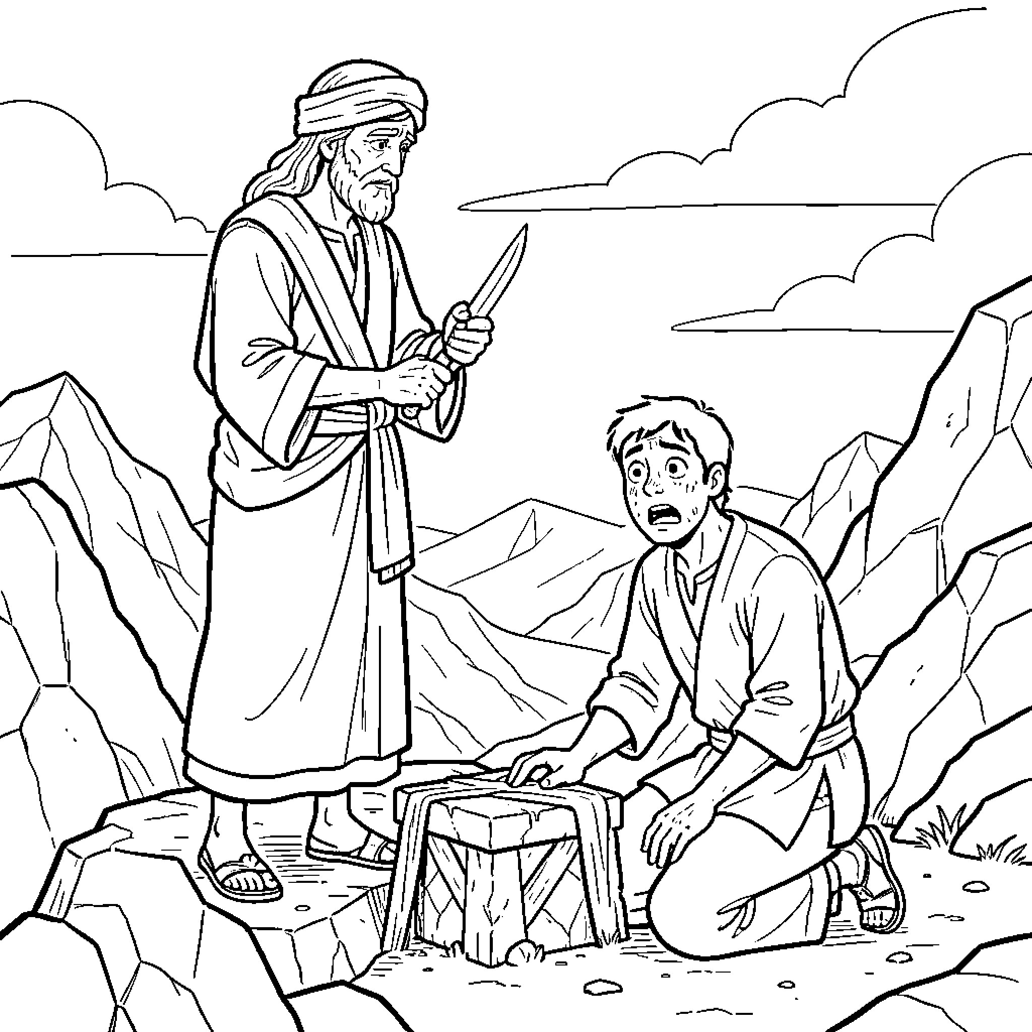Abraham Confronts a Fearful Companion in the Mountains Coloring Page (free black-and-white line drawing printable PDF for all, from beginners to advanced learners, including children, teens, adults, and seniors)
