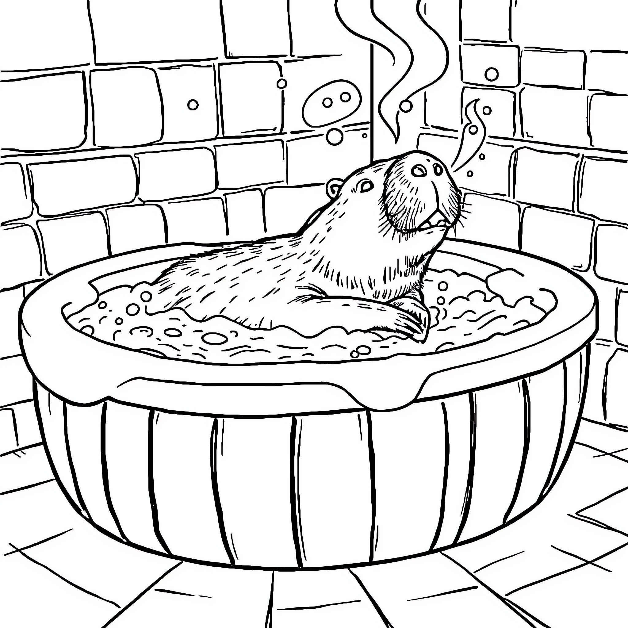 Capybara relaxing in a warm bath Coloring Page (free black-and-white line drawing printable PDF for all, from beginners to advanced learners, including children, teens, adults, and seniors)