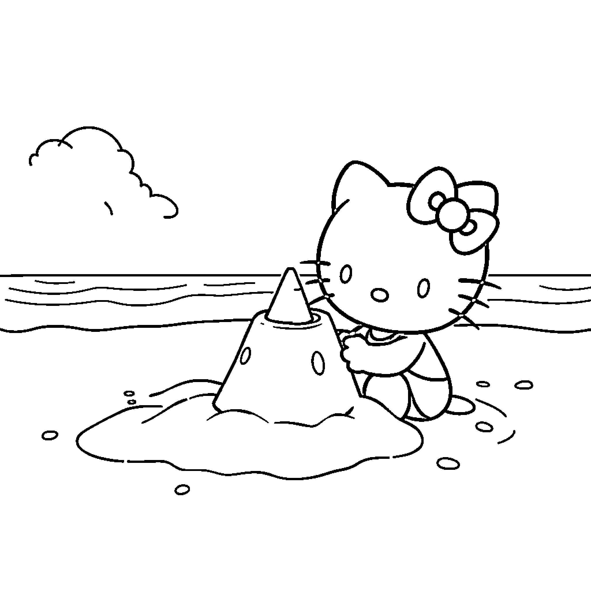 Hello Kitty building sandcastle by the beach Coloring Page (free black-and-white line drawing printable PDF for all, from beginners to advanced learners, including children, teens, adults, and seniors)