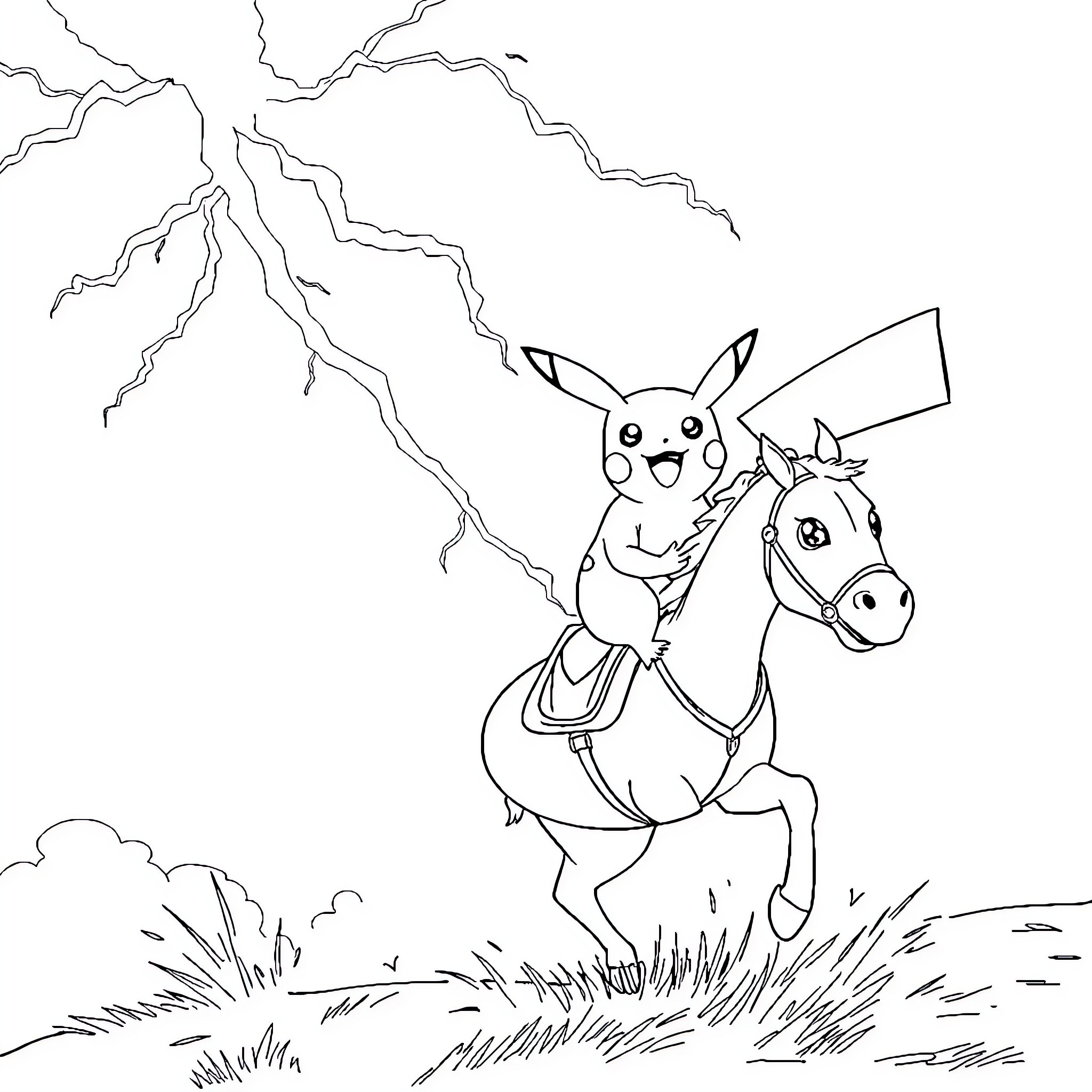 Pikachu riding a horse during a thunderstorm Coloring Page (free black-and-white line drawing printable PDF for all, from beginners to advanced learners, including children, teens, adults, and seniors)