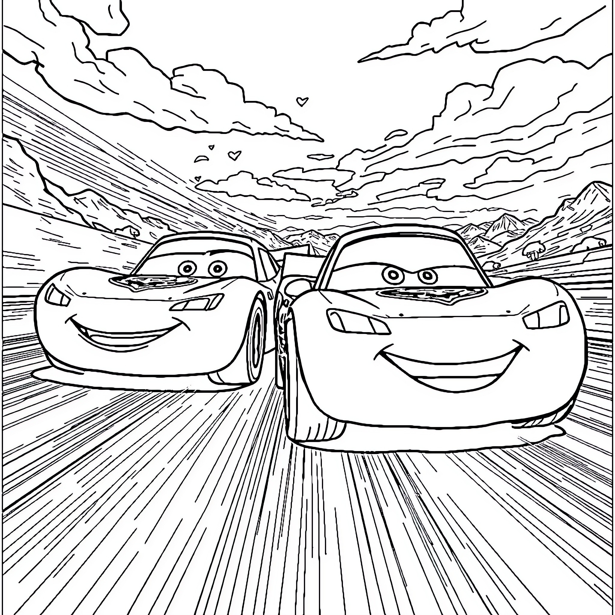 Lightning McQueen and friends race through the mountains Coloring Page (free black-and-white line drawing printable PDF for all, from beginners to advanced learners, including children, teens, adults, and seniors)