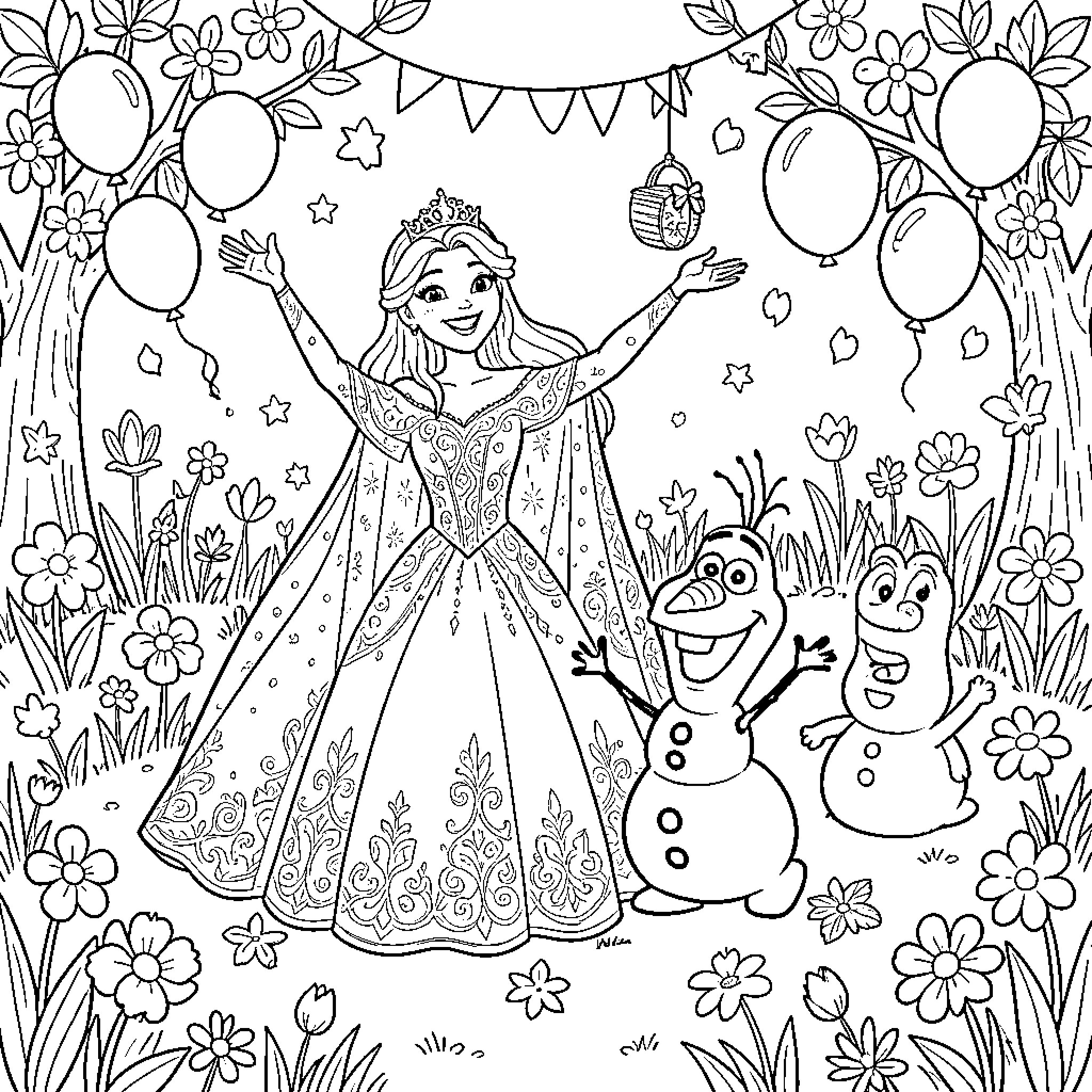 Snow Queen surrounded by nature, balloons and friends Coloring Page (free black-and-white line drawing printable PDF for all, from beginners to advanced learners, including children, teens, adults, and seniors)