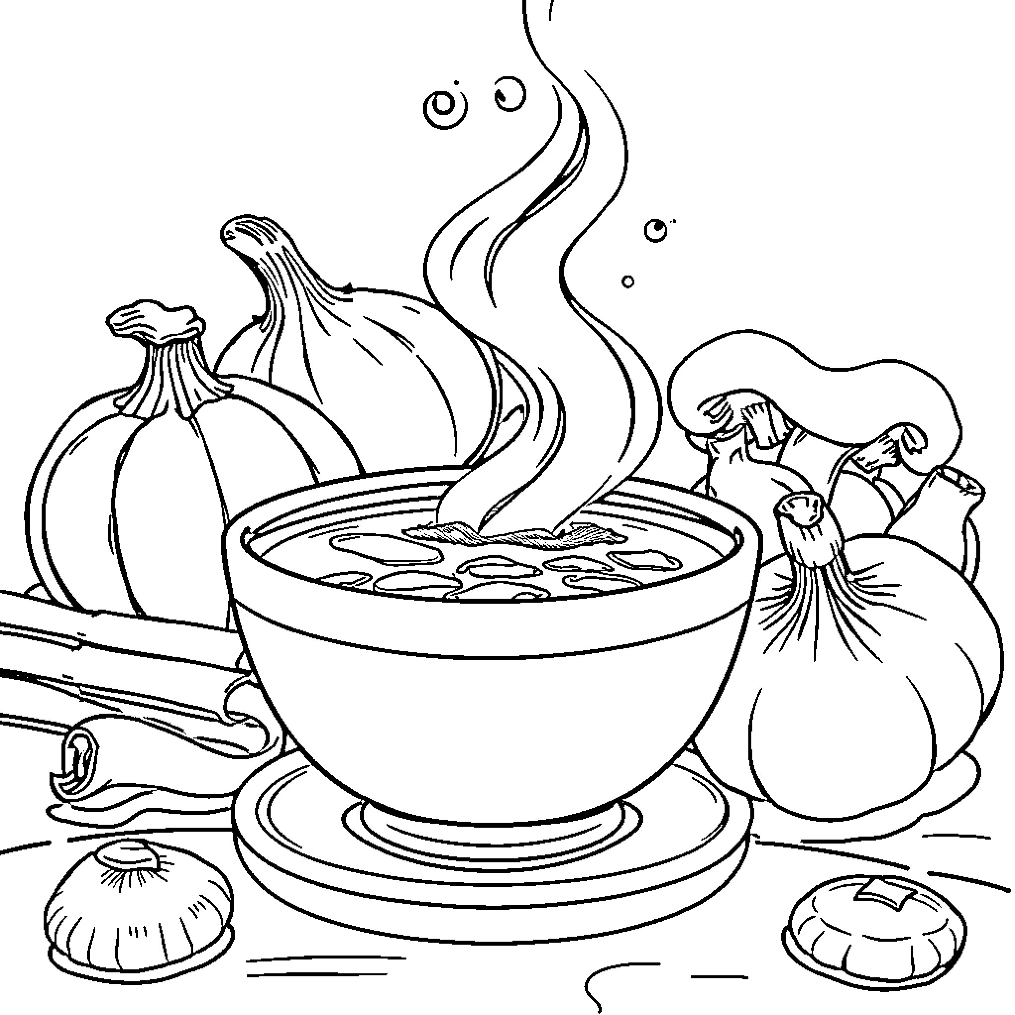 Soup with Autumn Produce Coloring Page (free black-and-white line drawing printable PDF for all, from beginners to advanced learners, including children, teens, adults, and seniors)