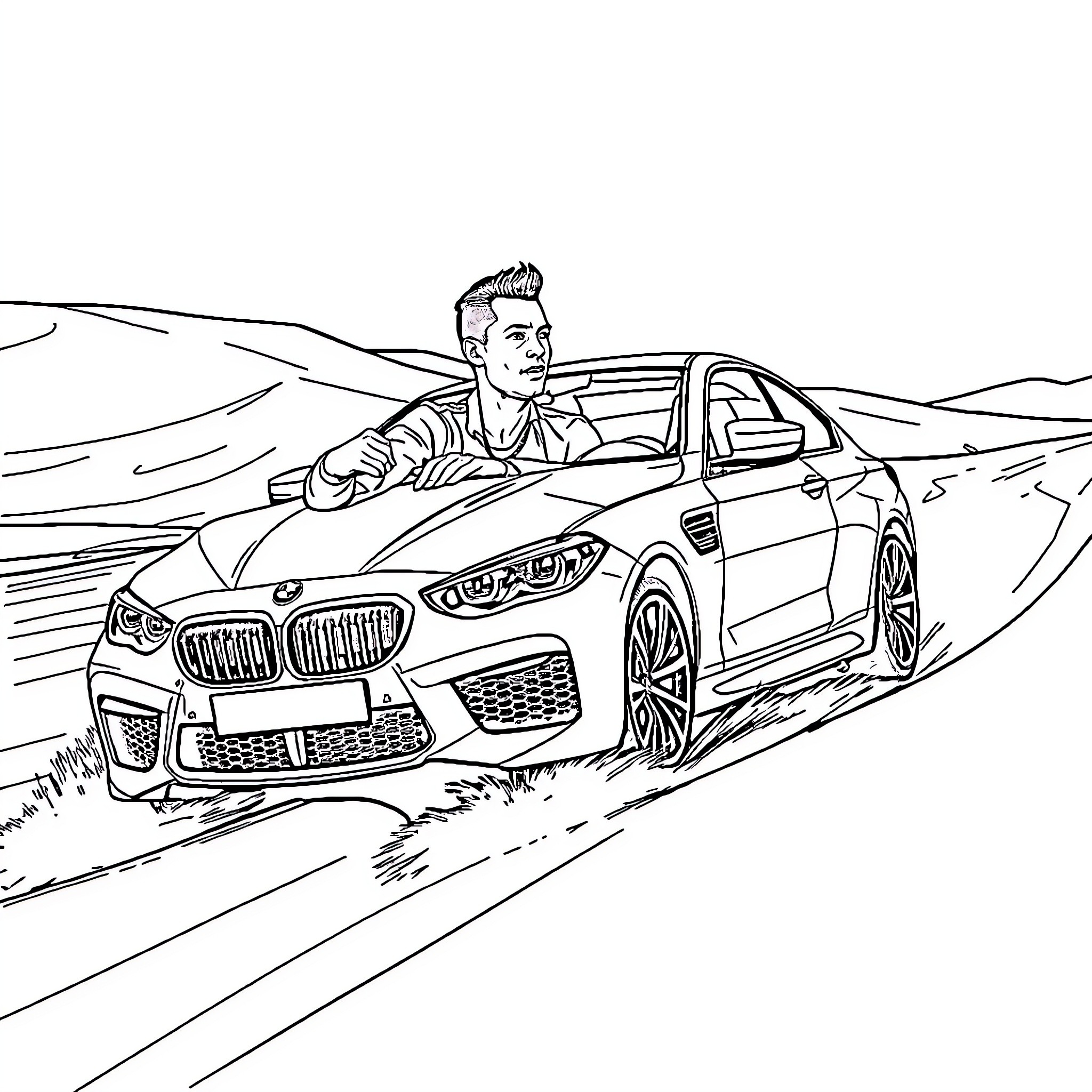 Cristiano Ronaldo driving a luxury sports car in the desert Coloring Page (free black-and-white line drawing printable PDF for all, from beginners to advanced learners, including children, teens, adults, and seniors)