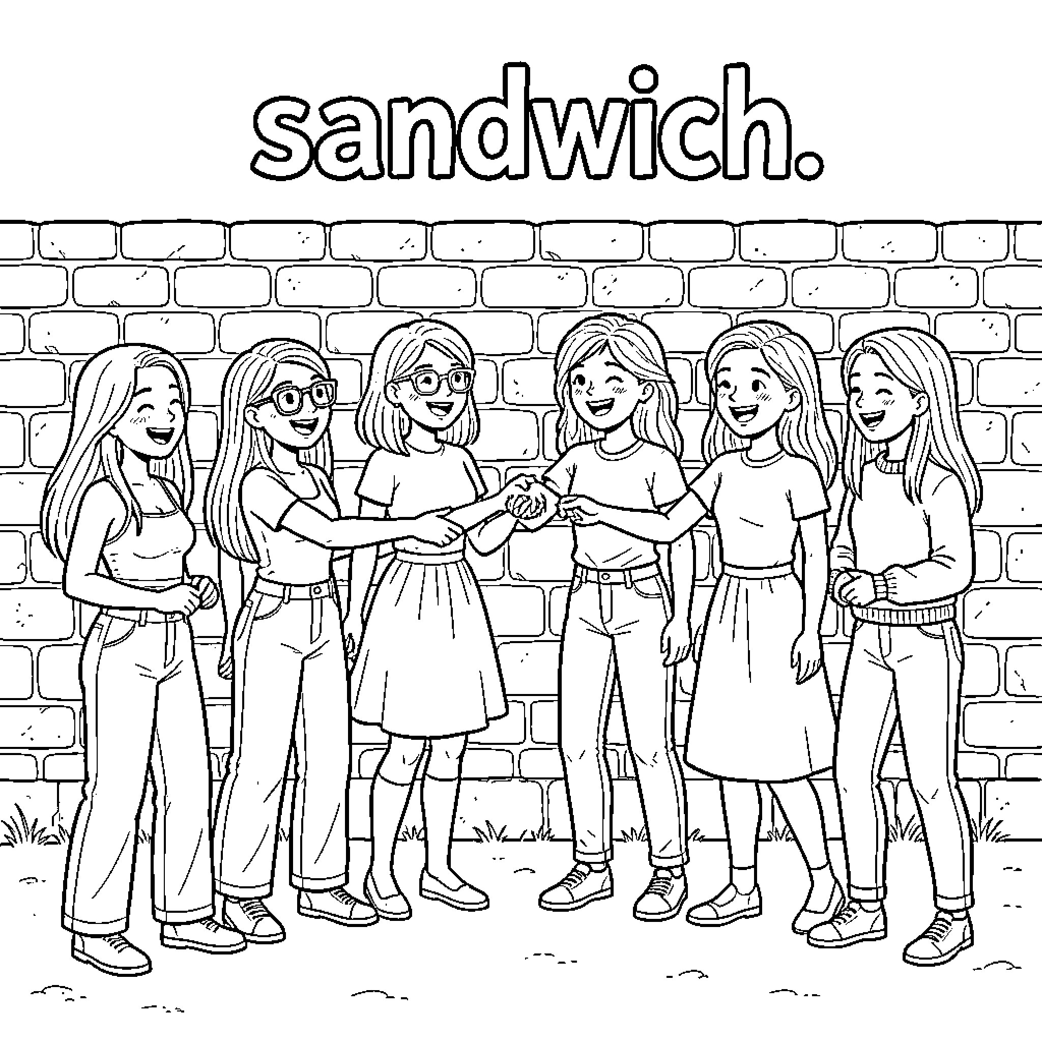 Fille - Group of friends posing happily together Coloring Page (free black-and-white line drawing printable PDF for all, from beginners to advanced learners, including children, teens, adults, and seniors)