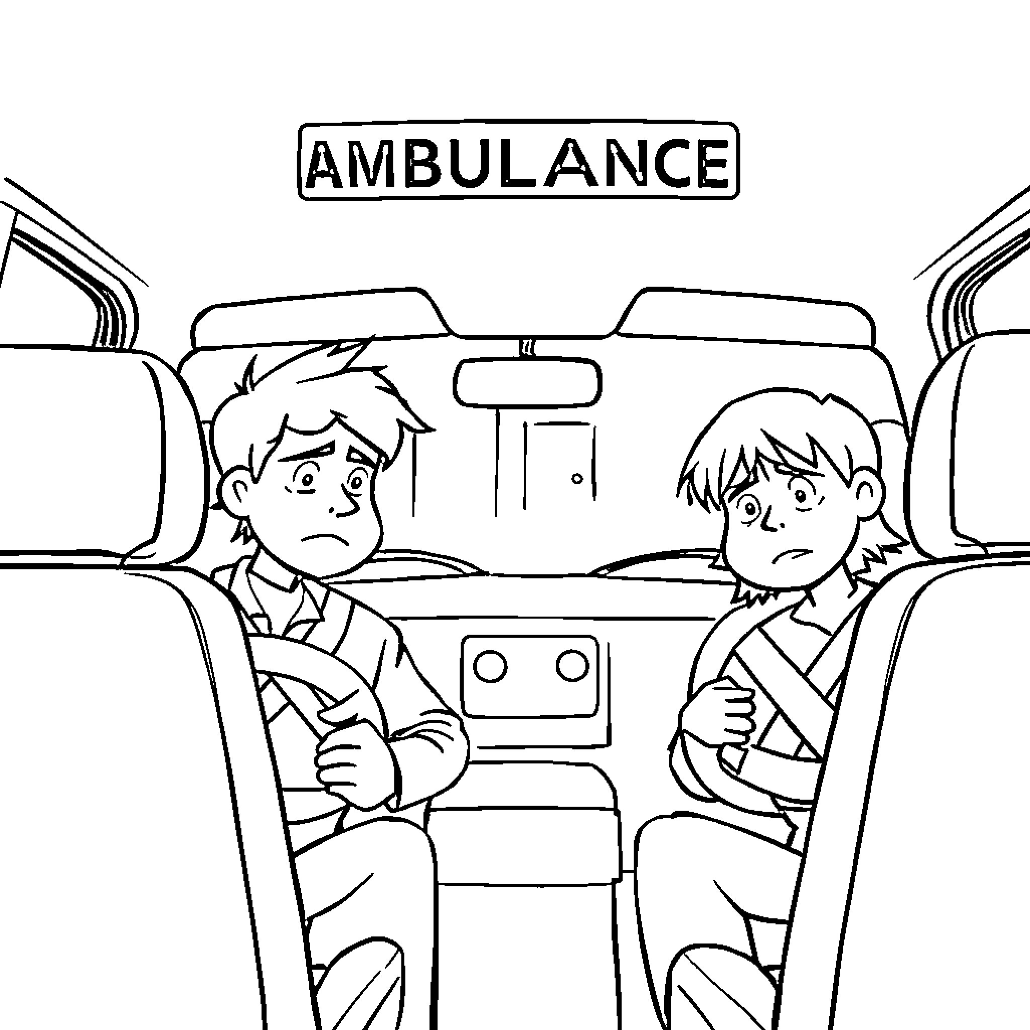 Ambulance Transporting Distressed Passengers Coloring Page (free black-and-white line drawing printable PDF for all, from beginners to advanced learners, including children, teens, adults, and seniors)