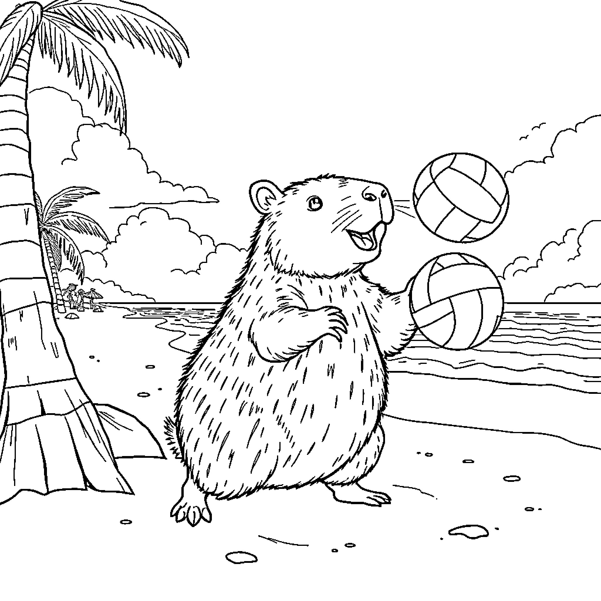 Capybara playing with beach balls on tropical shore Coloring Page (free black-and-white line drawing printable PDF for all, from beginners to advanced learners, including children, teens, adults, and seniors)
