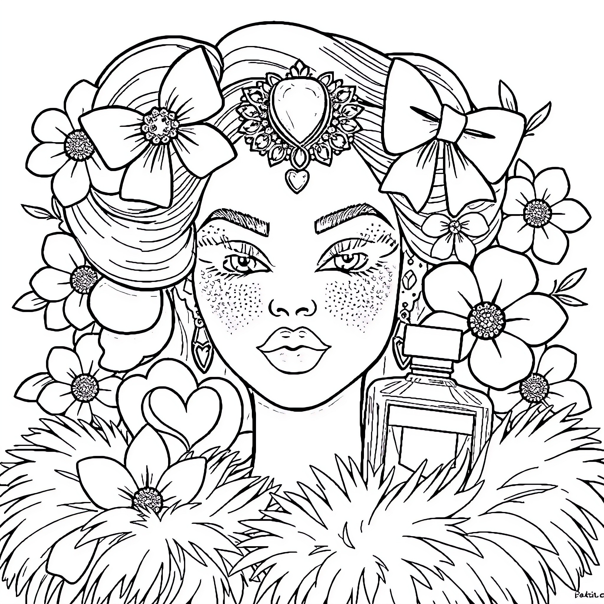 Flarion's Floral Enchantment: A Face Adorned with Whimsical Blooms Coloring Page (free black-and-white line drawing printable PDF for all, from beginners to advanced learners, including children, teens, adults, and seniors)