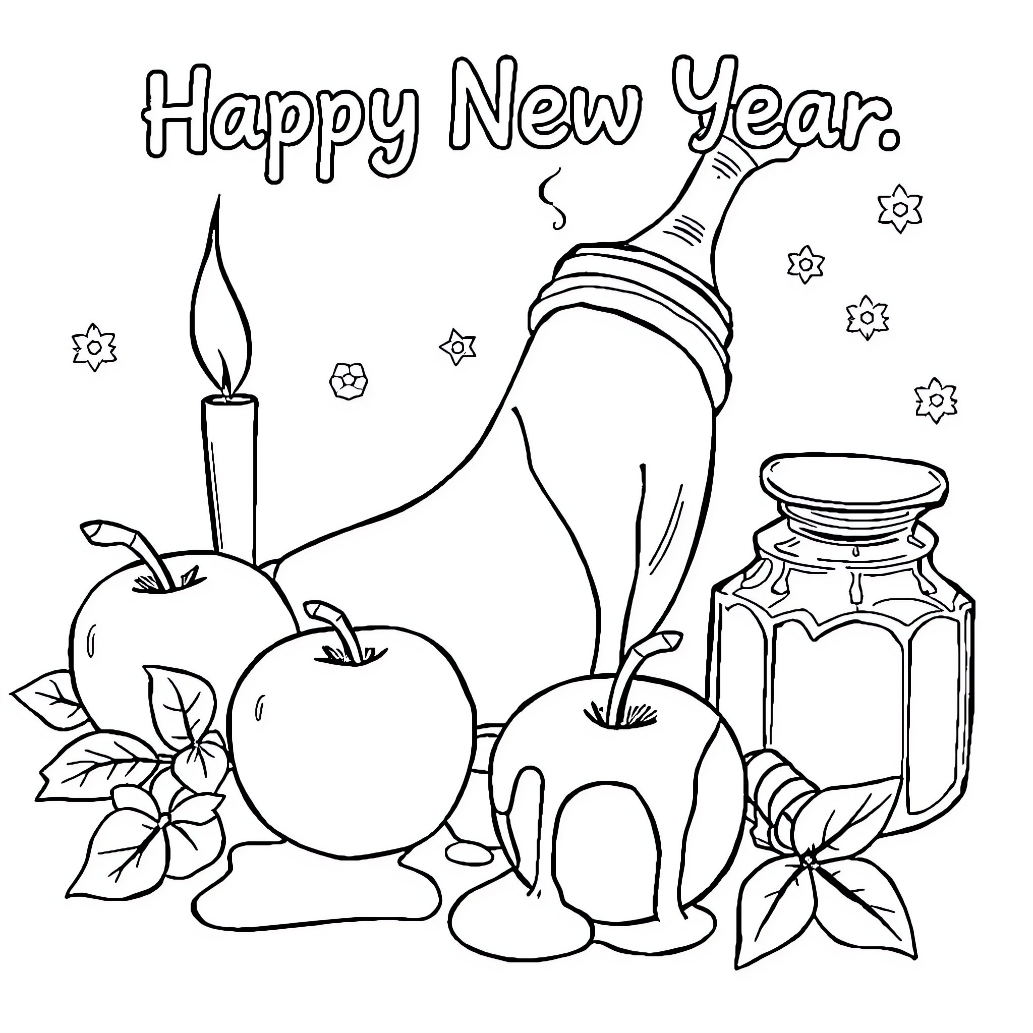 Apple Happy New Year Celebration with Candles and Decorations Coloring Page (free black-and-white line drawing printable PDF for all, from beginners to advanced learners, including children, teens, adults, and seniors)