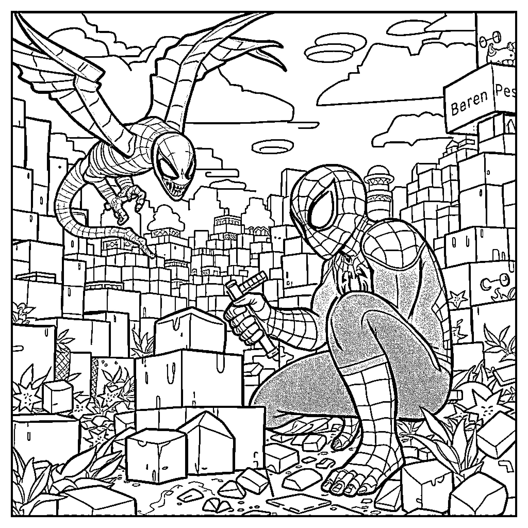 Spiderman heroically swinging through the cityscape Coloring Page (free black-and-white line drawing printable PDF for all, from beginners to advanced learners, including children, teens, adults, and seniors)