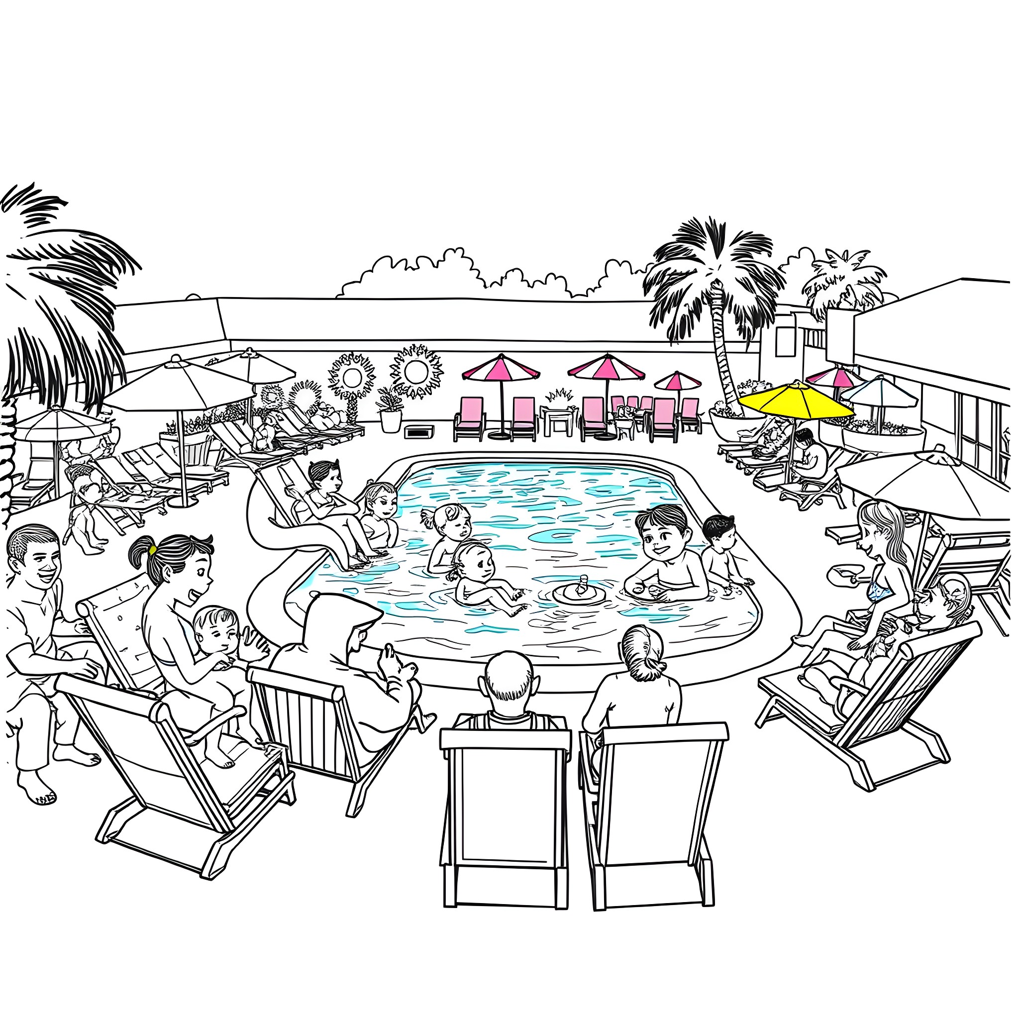 Creature enjoying a day at the pool with friends Coloring Page (free black-and-white line drawing printable PDF for all, from beginners to advanced learners, including children, teens, adults, and seniors)
