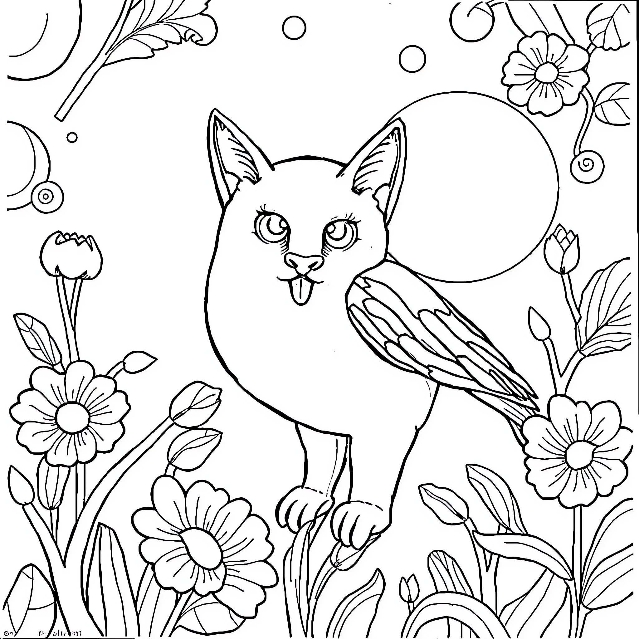 Item Playful cat among flowers and nature Coloring Page (free black-and-white line drawing printable PDF for all, from beginners to advanced learners, including children, teens, adults, and seniors)