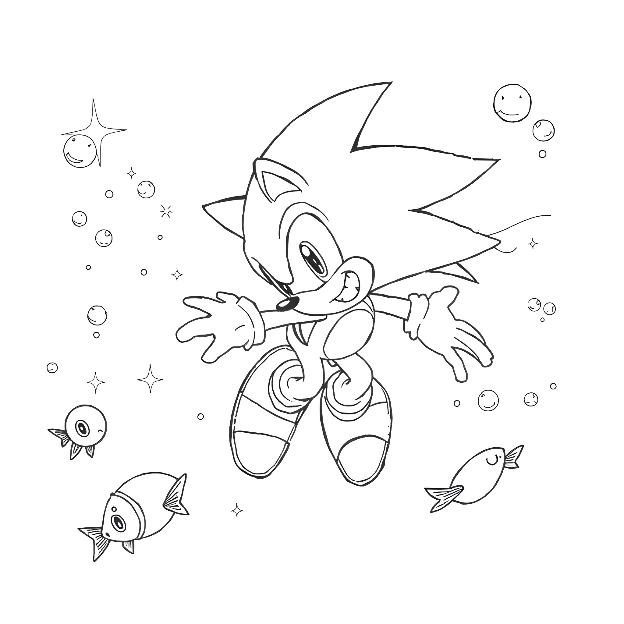 Sonic the Hedgehog dashing through a whimsical underwater scene Coloring Page (free black-and-white line drawing printable PDF for all, from beginners to advanced learners, including children, teens, adults, and seniors)