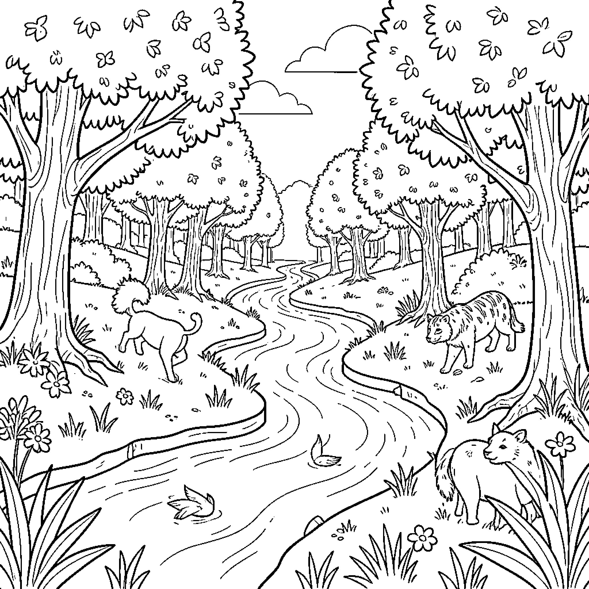Environment with animals exploring a forest trail Coloring Page (free black-and-white line drawing printable PDF for all, from beginners to advanced learners, including children, teens, adults, and seniors)
