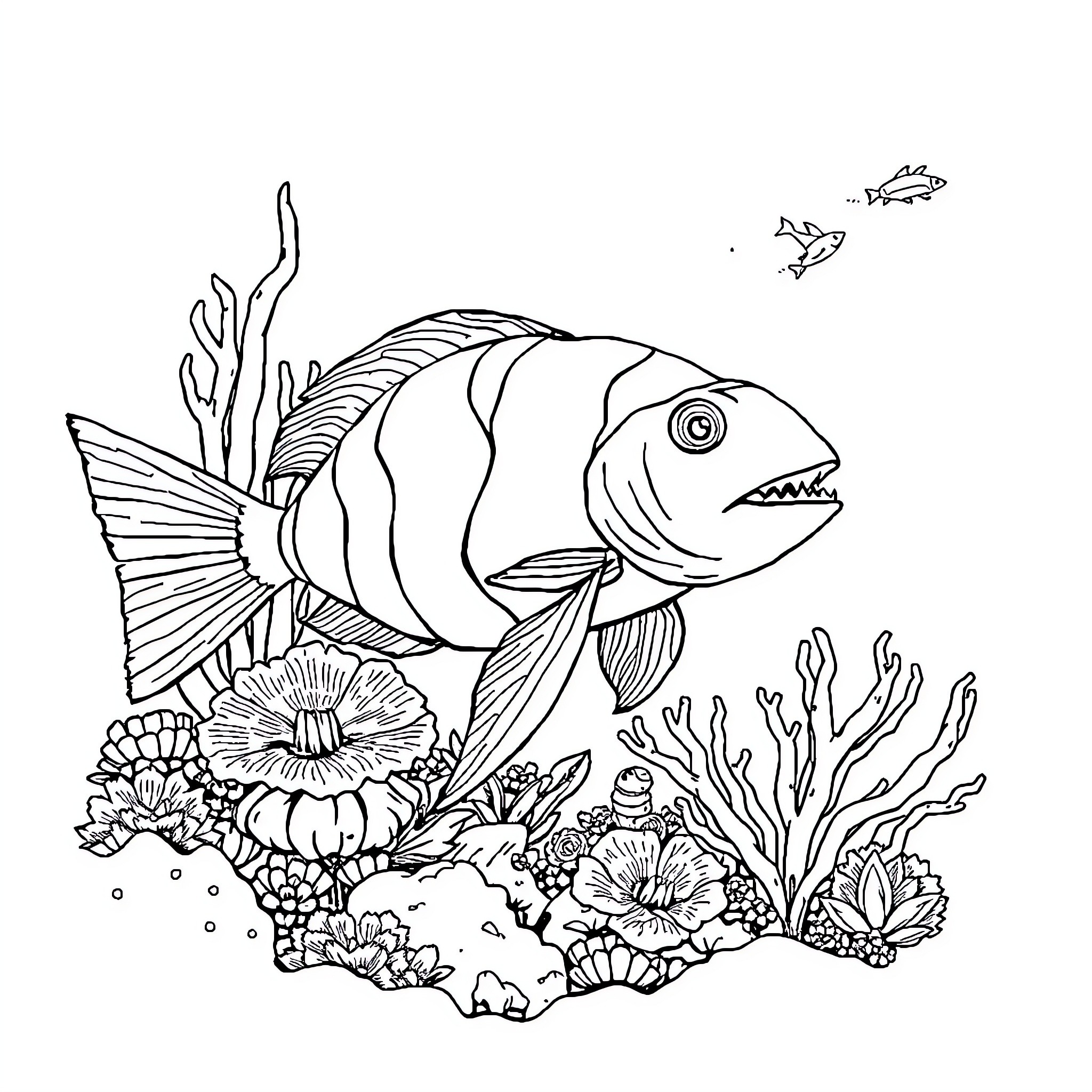 Beach scene with tropical fish and coral reef Coloring Page (free black-and-white line drawing printable PDF for all, from beginners to advanced learners, including children, teens, adults, and seniors)
