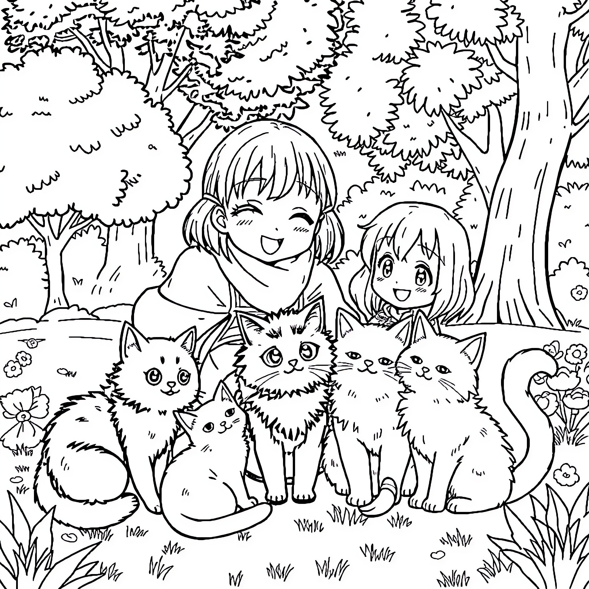 Kuromi and friends enjoy the forest with their pet cats Coloring Page (free black-and-white line drawing printable PDF for all, from beginners to advanced learners, including children, teens, adults, and seniors)