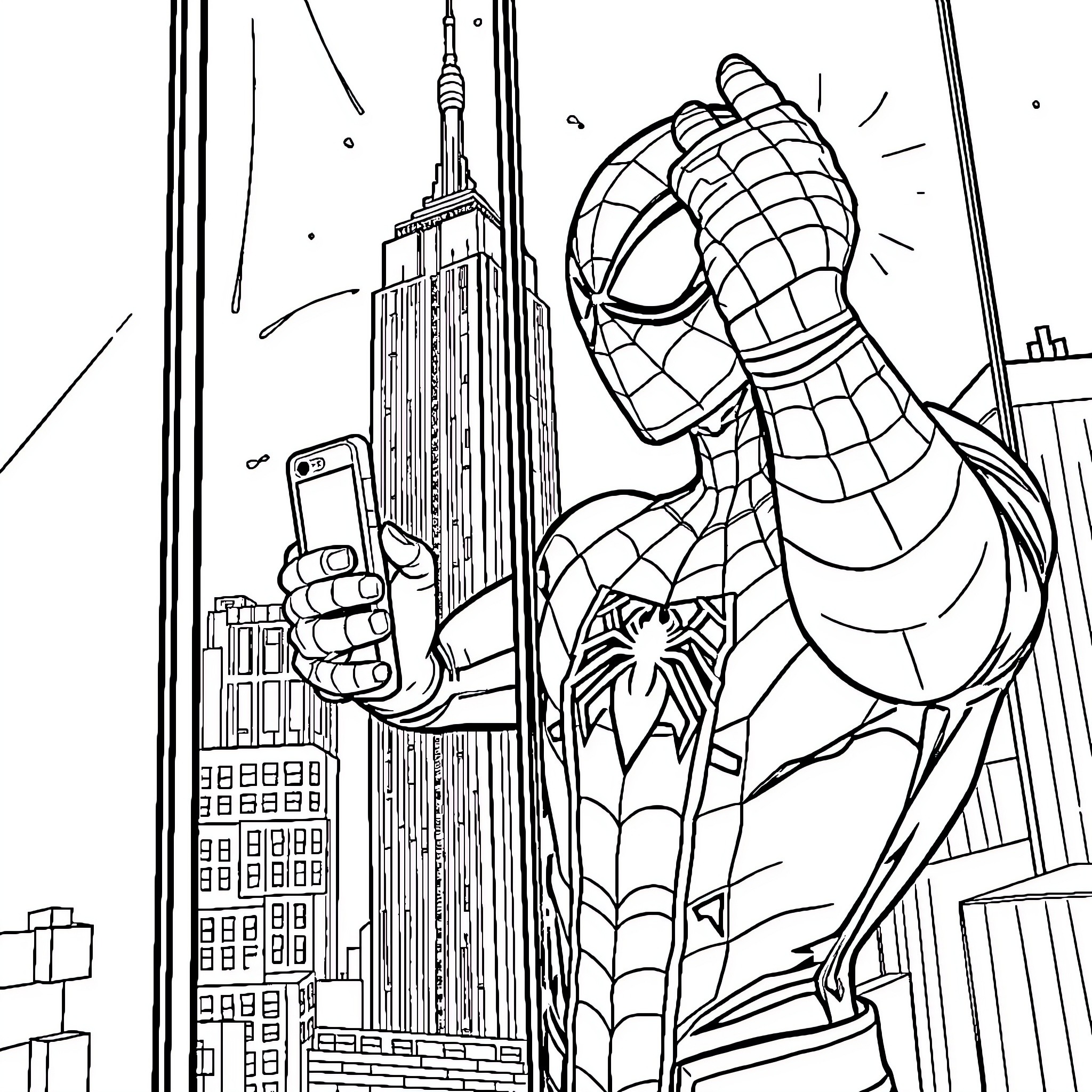Spiderman swinging through the city with smartphone Coloring Page (free black-and-white line drawing printable PDF for all, from beginners to advanced learners, including children, teens, adults, and seniors)