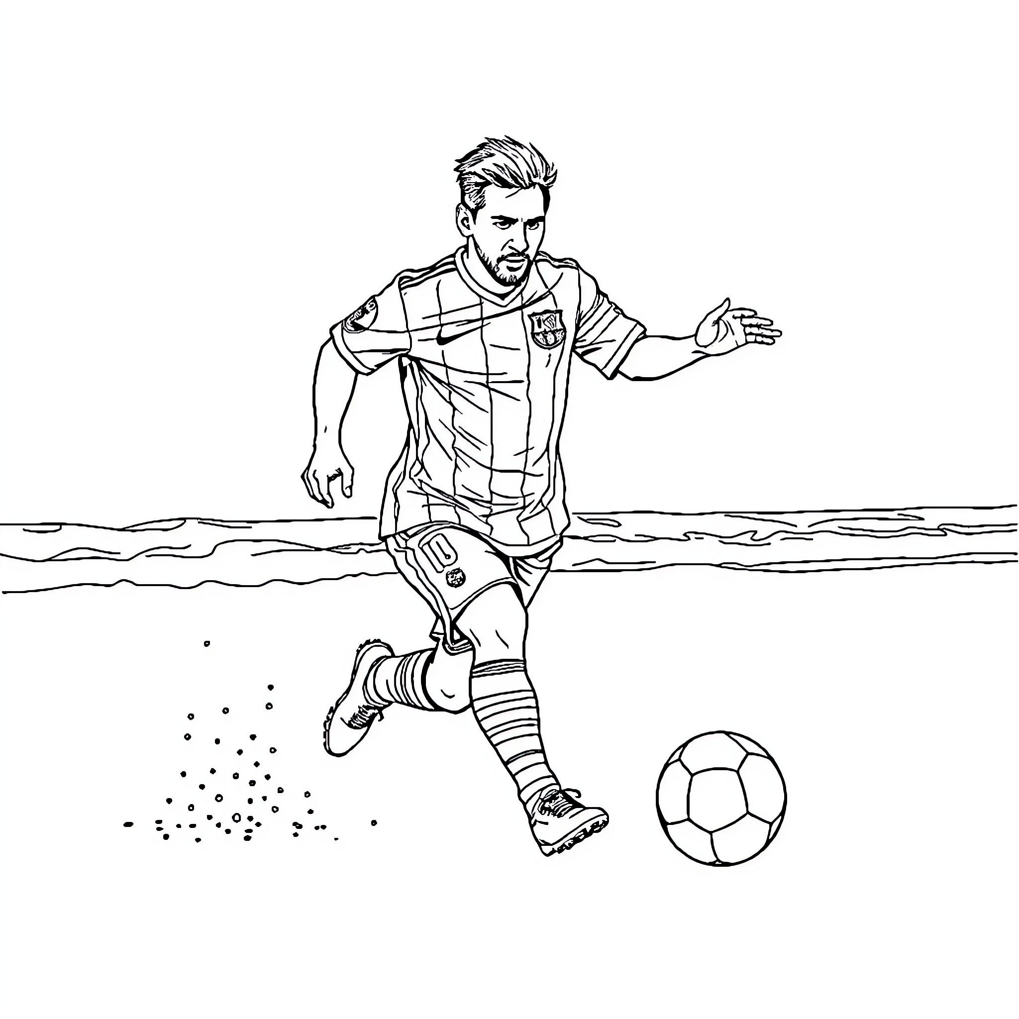 Messi playing soccer enthusiastically on the field Coloring Page (free black-and-white line drawing printable PDF for all, from beginners to advanced learners, including children, teens, adults, and seniors)