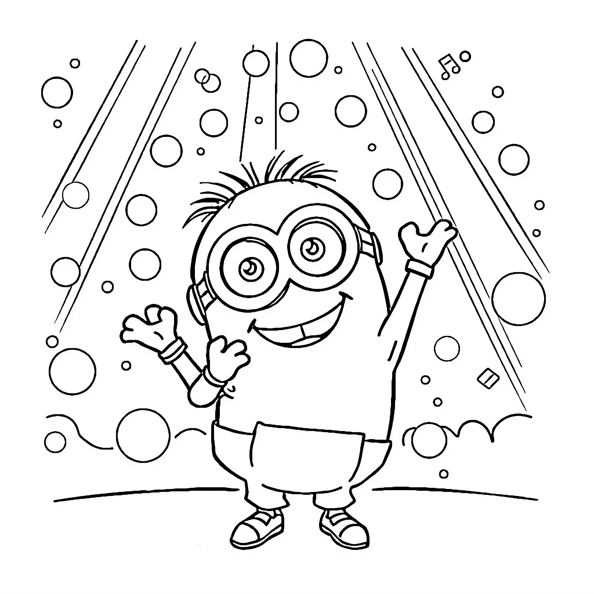 Minion enjoying a playful and lively scene Coloring Page (free black-and-white line drawing printable PDF for all, from beginners to advanced learners, including children, teens, adults, and seniors)