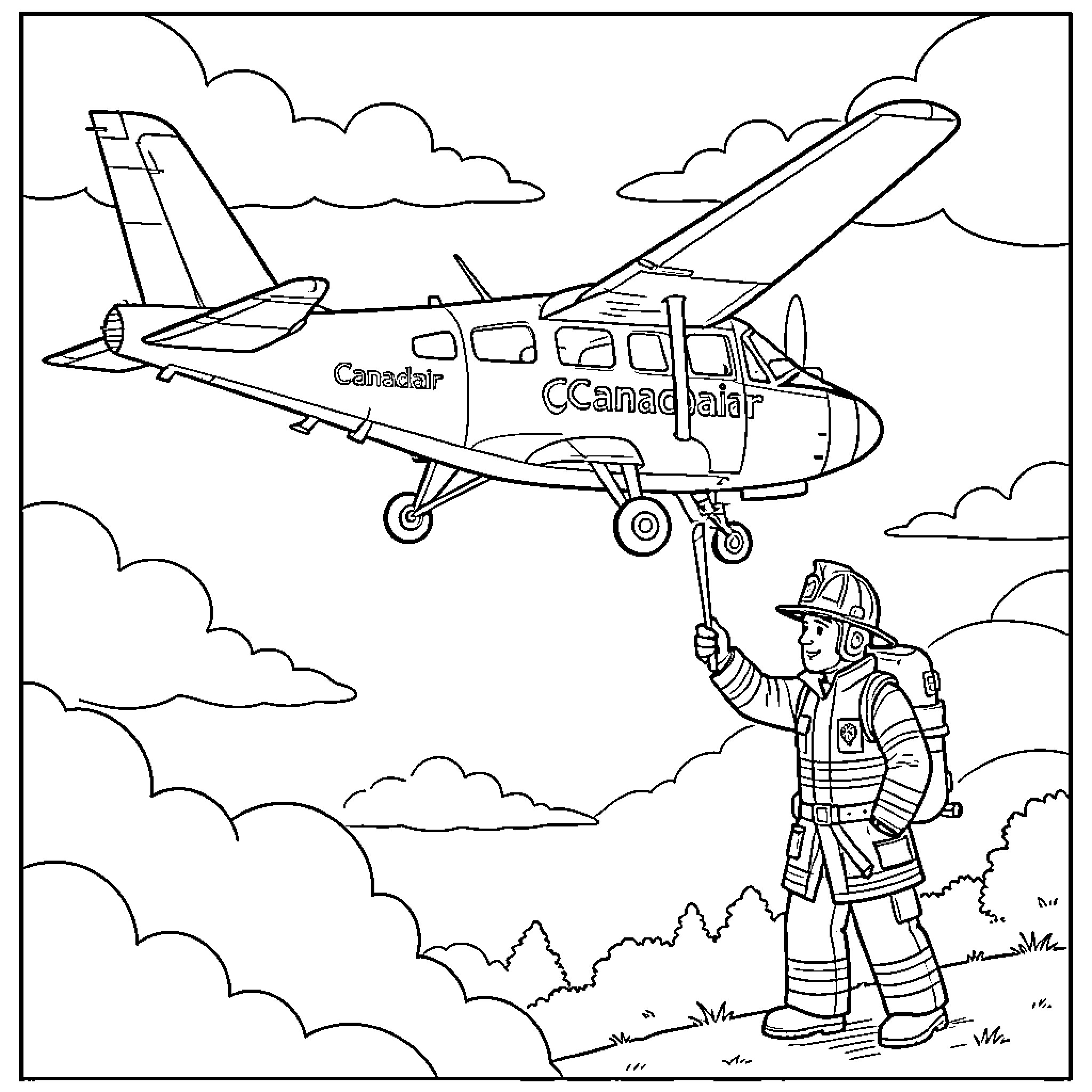 Canadair aircraft flying above a firefighter standing on ground Coloring Page (free black-and-white line drawing printable PDF for all, from beginners to advanced learners, including children, teens, adults, and seniors)
