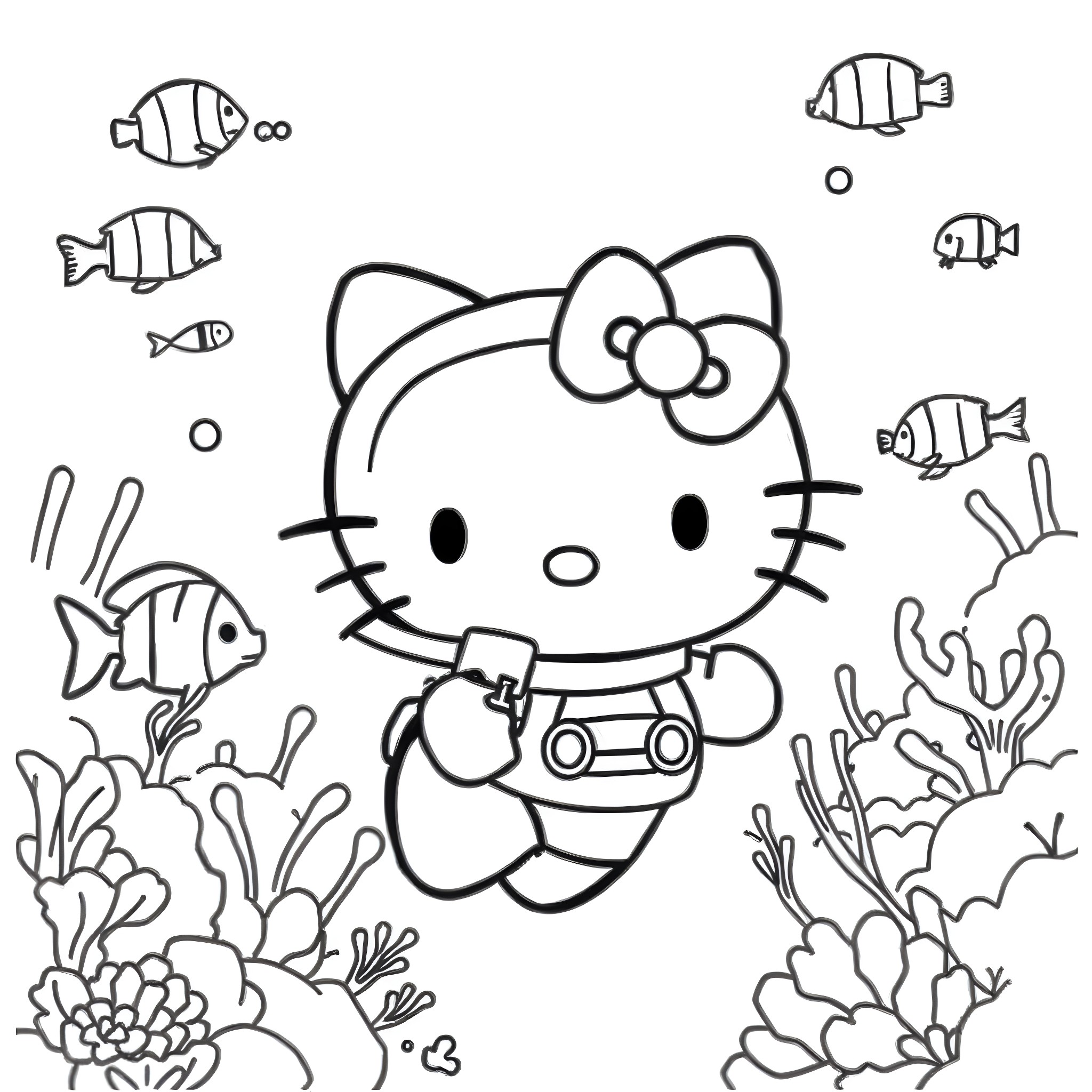 Hello Kitty swimming with tropical fish Coloring Page (free black-and-white line drawing printable PDF for all, from beginners to advanced learners, including children, teens, adults, and seniors)