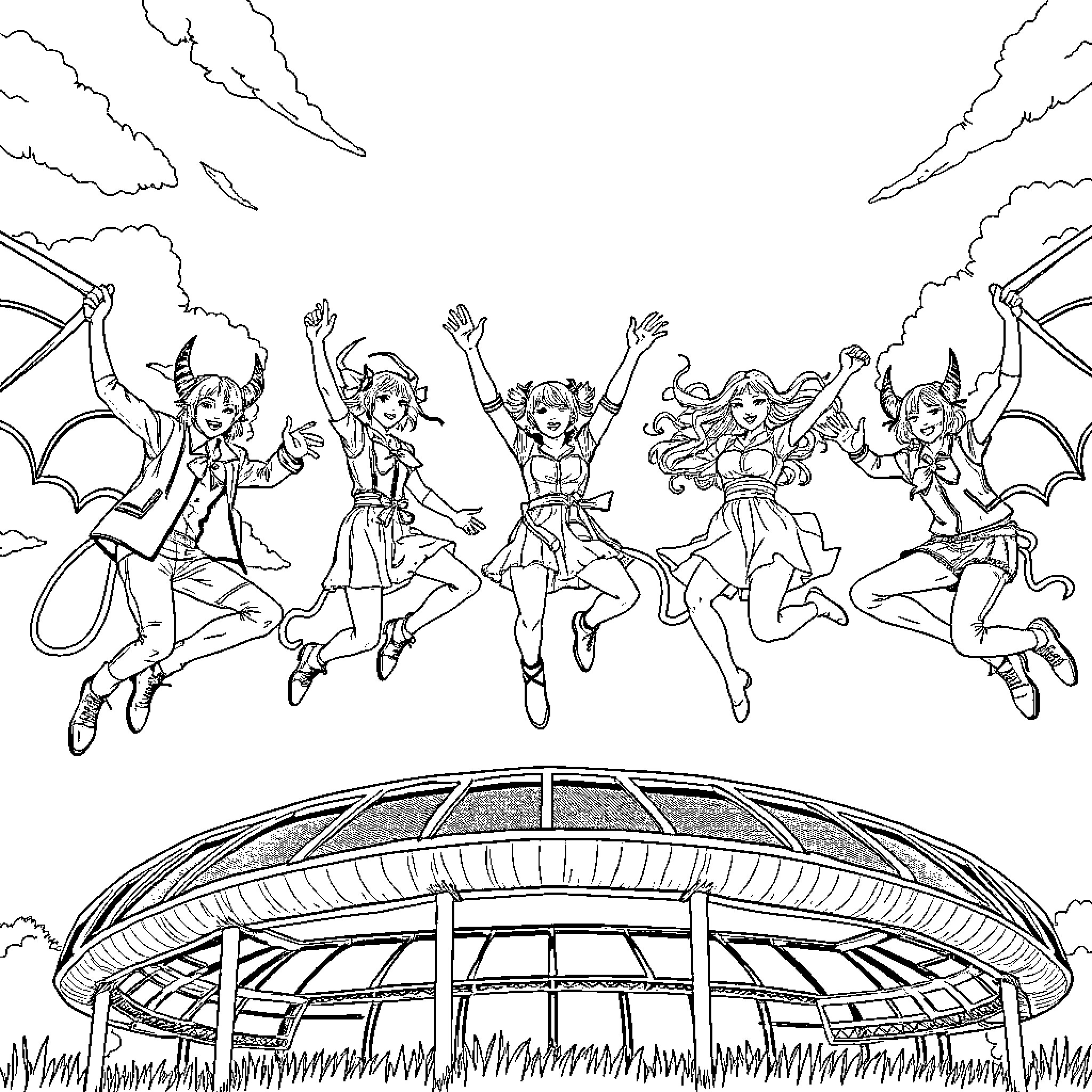 Demon Hunters in Action Amid Dramatic Surroundings Coloring Page (free black-and-white line drawing printable PDF for all, from beginners to advanced learners, including children, teens, adults, and seniors)