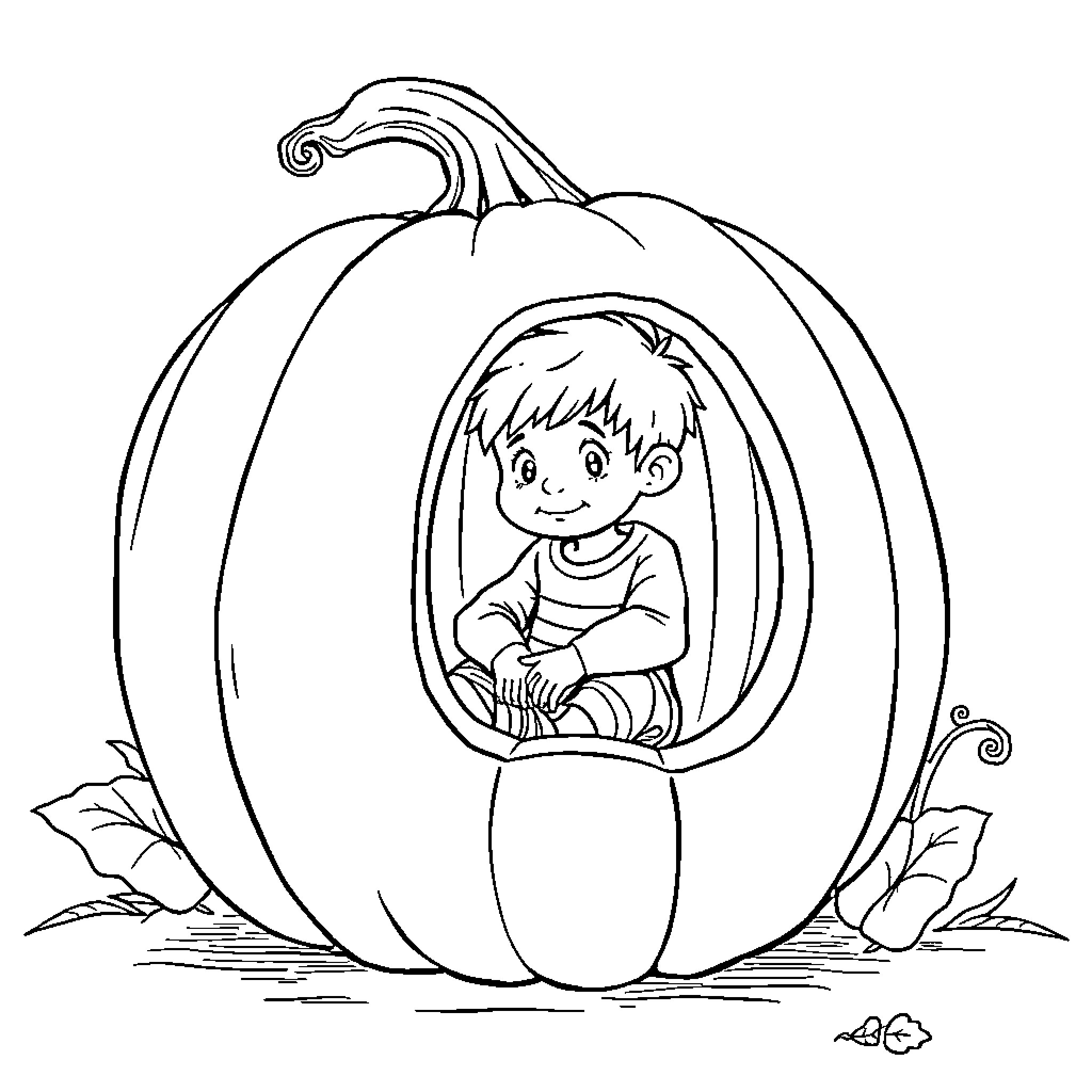 Pumpkin kid sitting in a cozy pumpkin Coloring Page (free black-and-white line drawing printable PDF for all, from beginners to advanced learners, including children, teens, adults, and seniors)