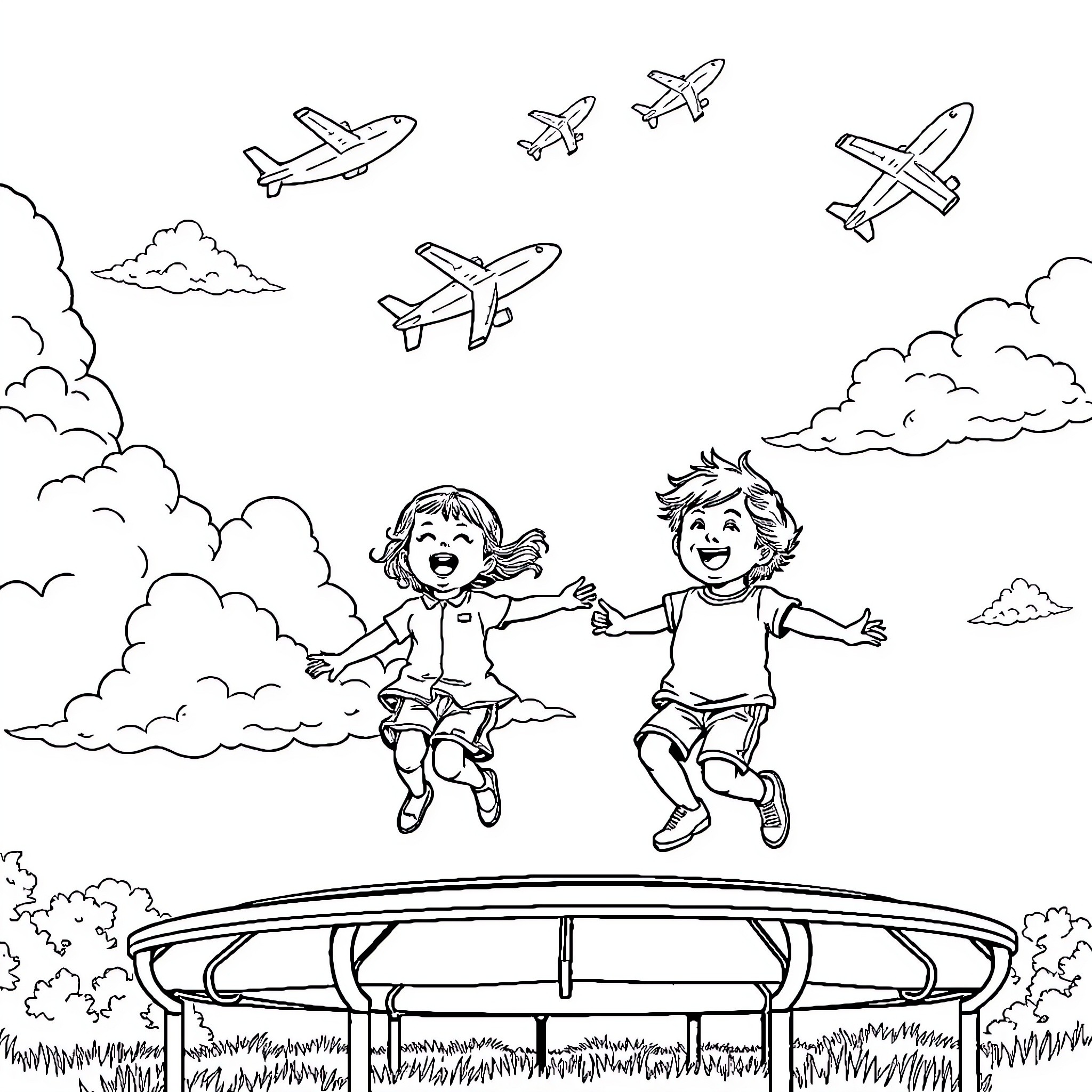 Children playing joyfully on a trampoline with airplanes Coloring Page (free black-and-white line drawing printable PDF for all, from beginners to advanced learners, including children, teens, adults, and seniors)