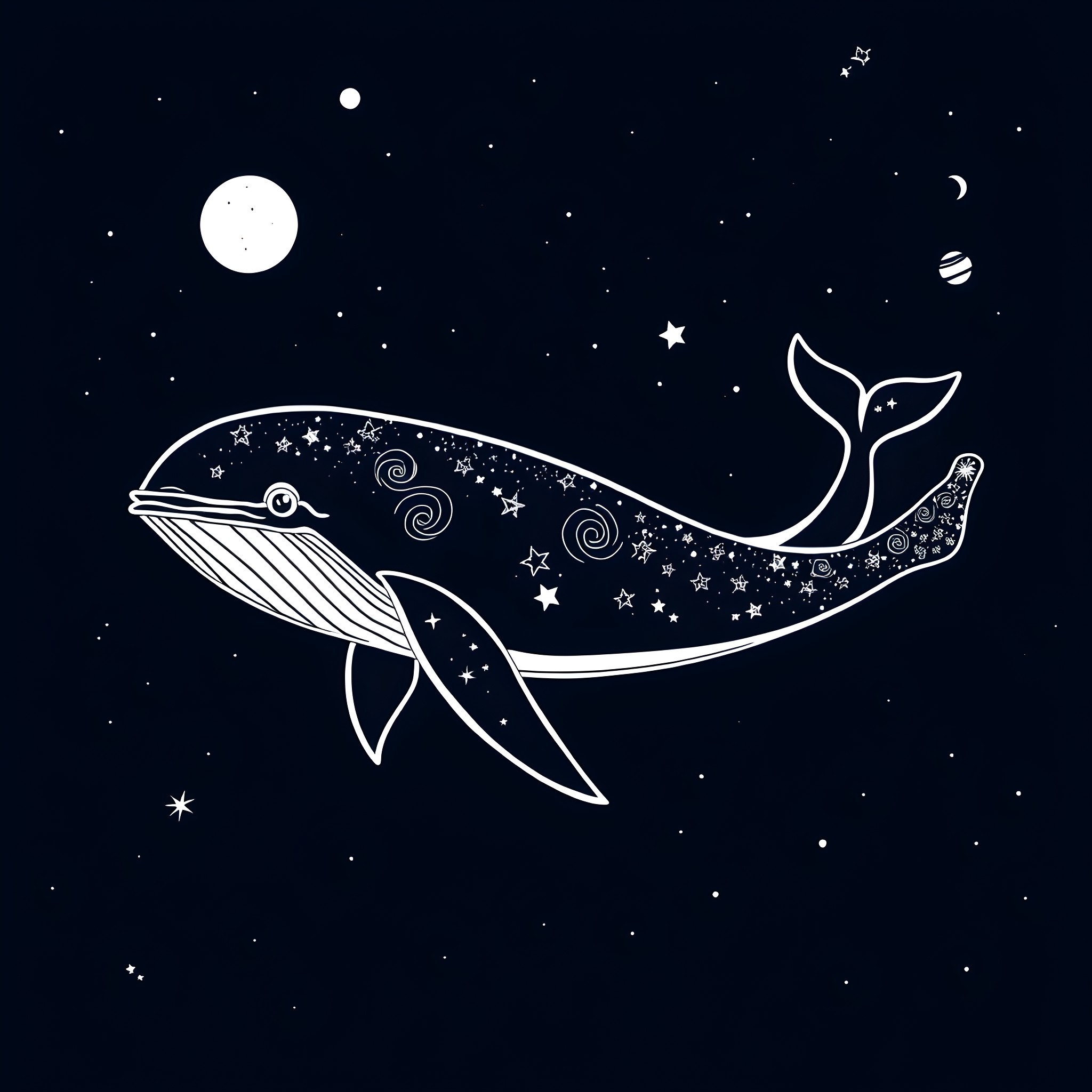 Starwhale swimming among the stars Coloring Page (free black-and-white line drawing printable PDF for all, from beginners to advanced learners, including children, teens, adults, and seniors)