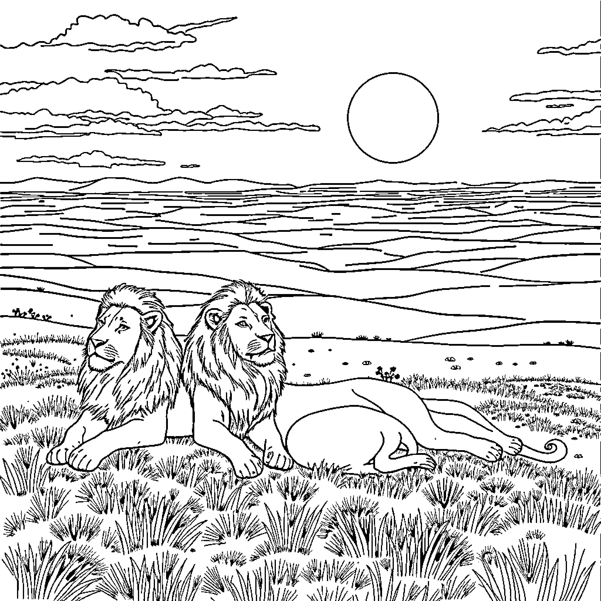Lions resting in the serene landscape Coloring Page (free black-and-white line drawing printable PDF for all, from beginners to advanced learners, including children, teens, adults, and seniors)