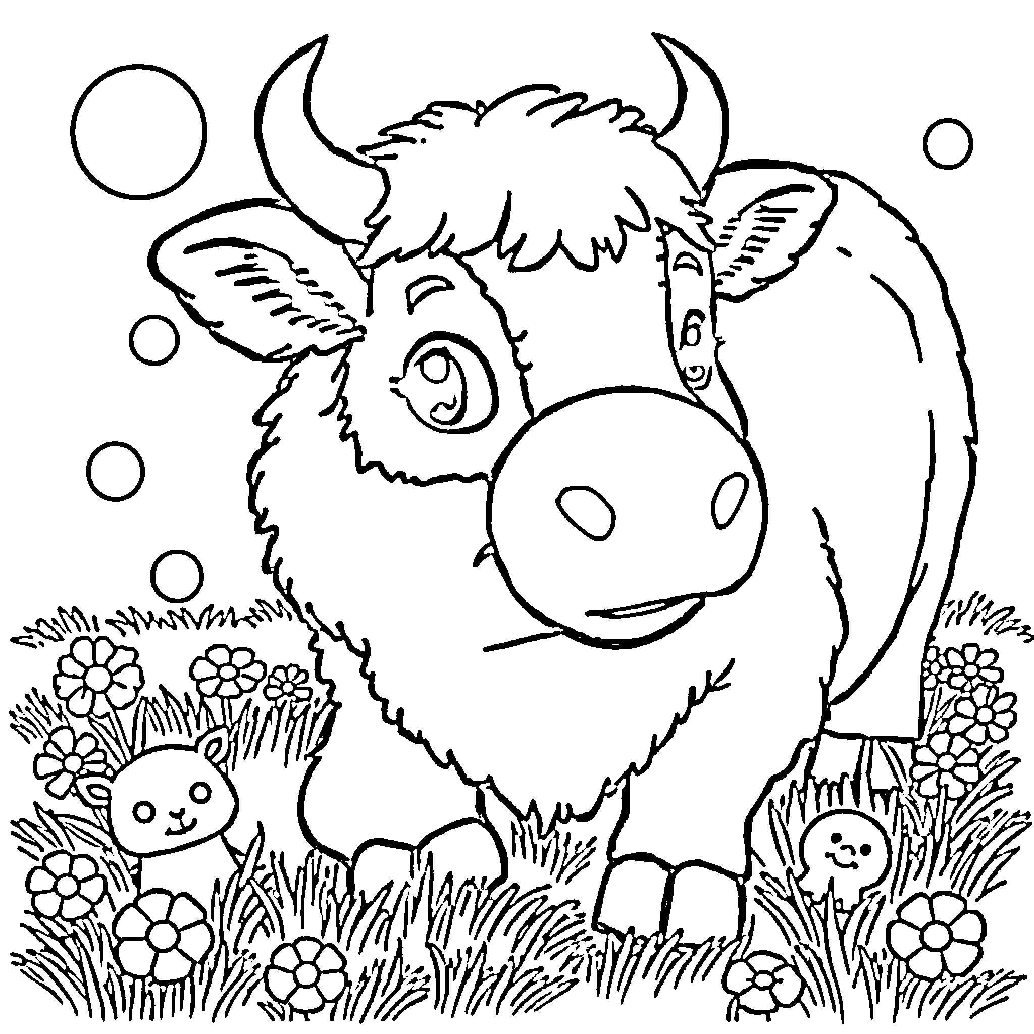Pig enjoying a flowery meadow with friends Coloring Page (free black-and-white line drawing printable PDF for all, from beginners to advanced learners, including children, teens, adults, and seniors)