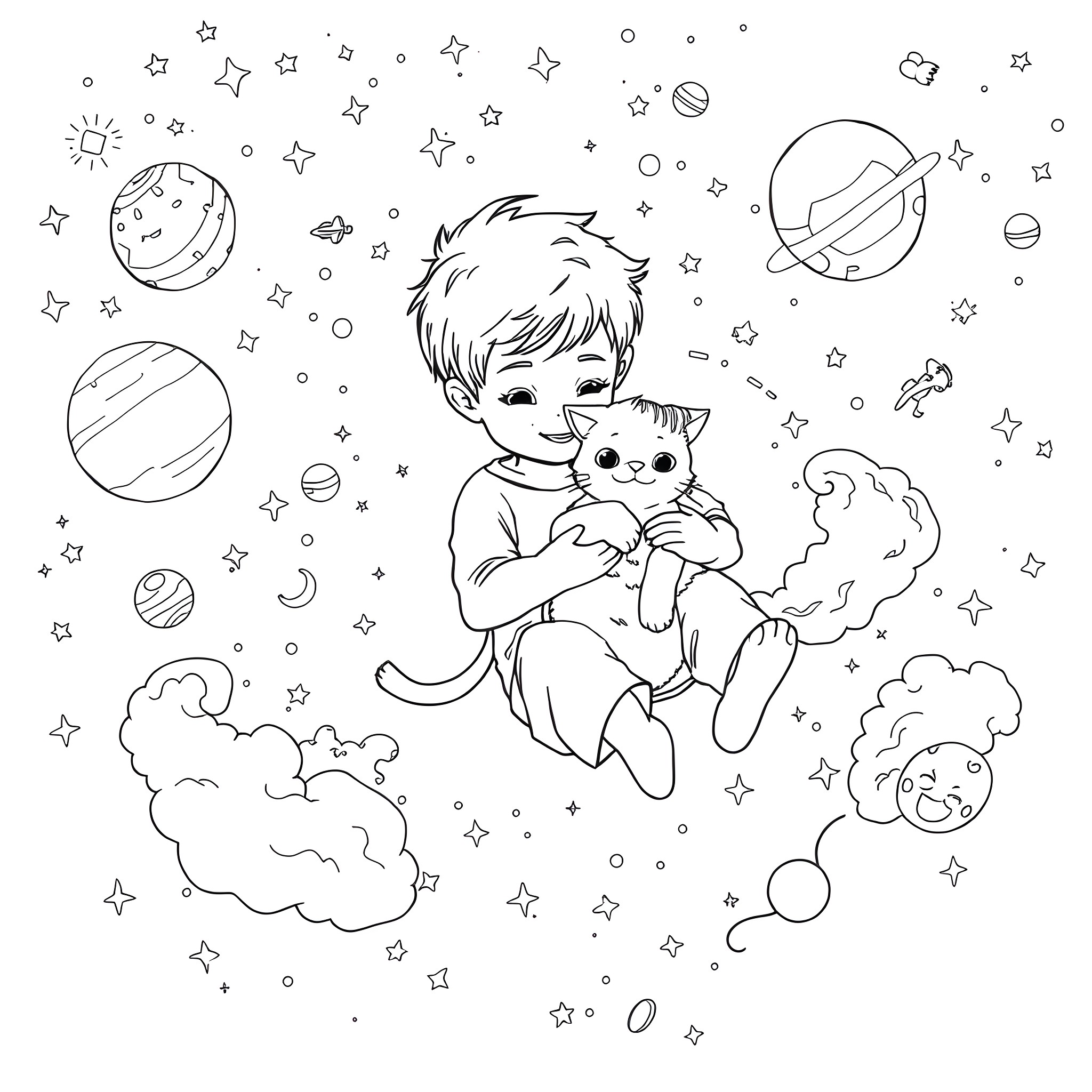 Boy Dreaming in the Starry Night Coloring Page (free black-and-white line drawing printable PDF for all, from beginners to advanced learners, including children, teens, adults, and seniors)