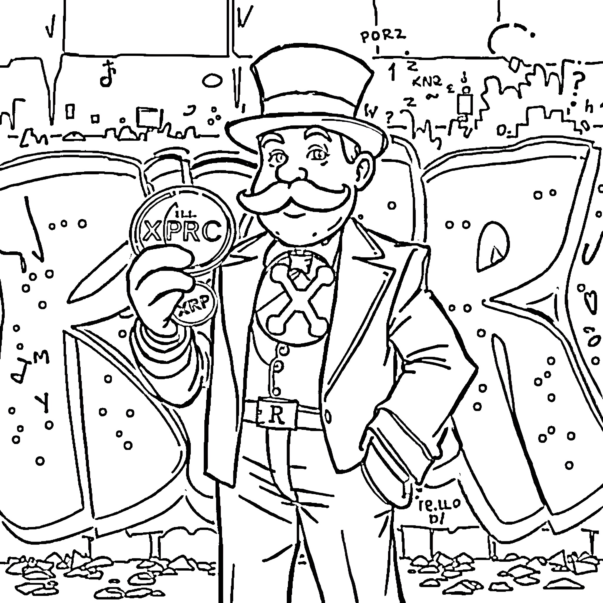 XRP Coin Character in Stylized Cityscape Coloring Page (free black-and-white line drawing printable PDF for all, from beginners to advanced learners, including children, teens, adults, and seniors)