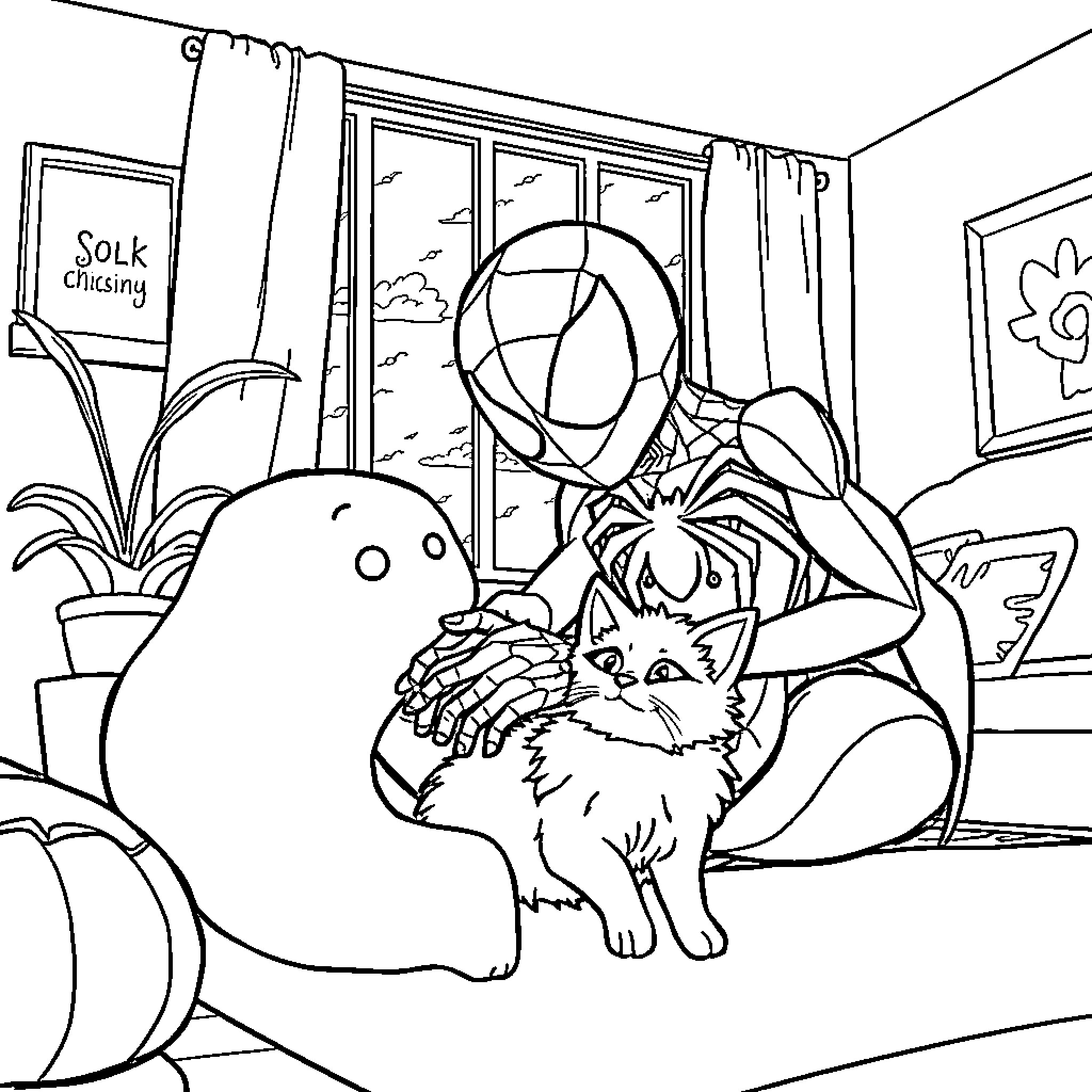 Ghost Spider playing with a cat at home Coloring Page (free black-and-white line drawing printable PDF for all, from beginners to advanced learners, including children, teens, adults, and seniors)