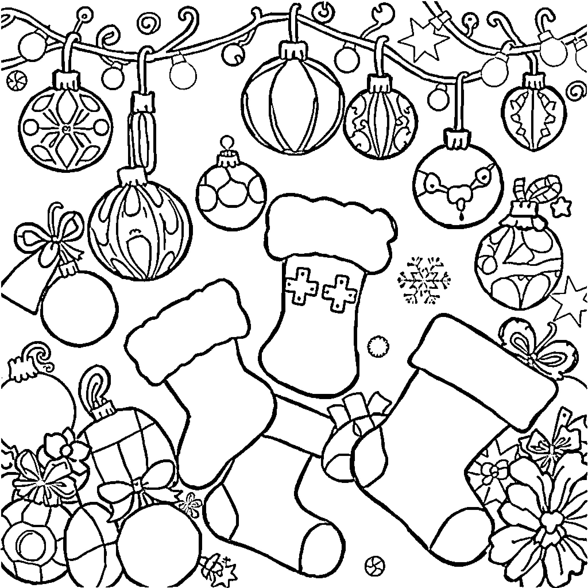 Christmas Object with Festive Decorations and Accents Coloring Page (free black-and-white line drawing printable PDF for all, from beginners to advanced learners, including children, teens, adults, and seniors)