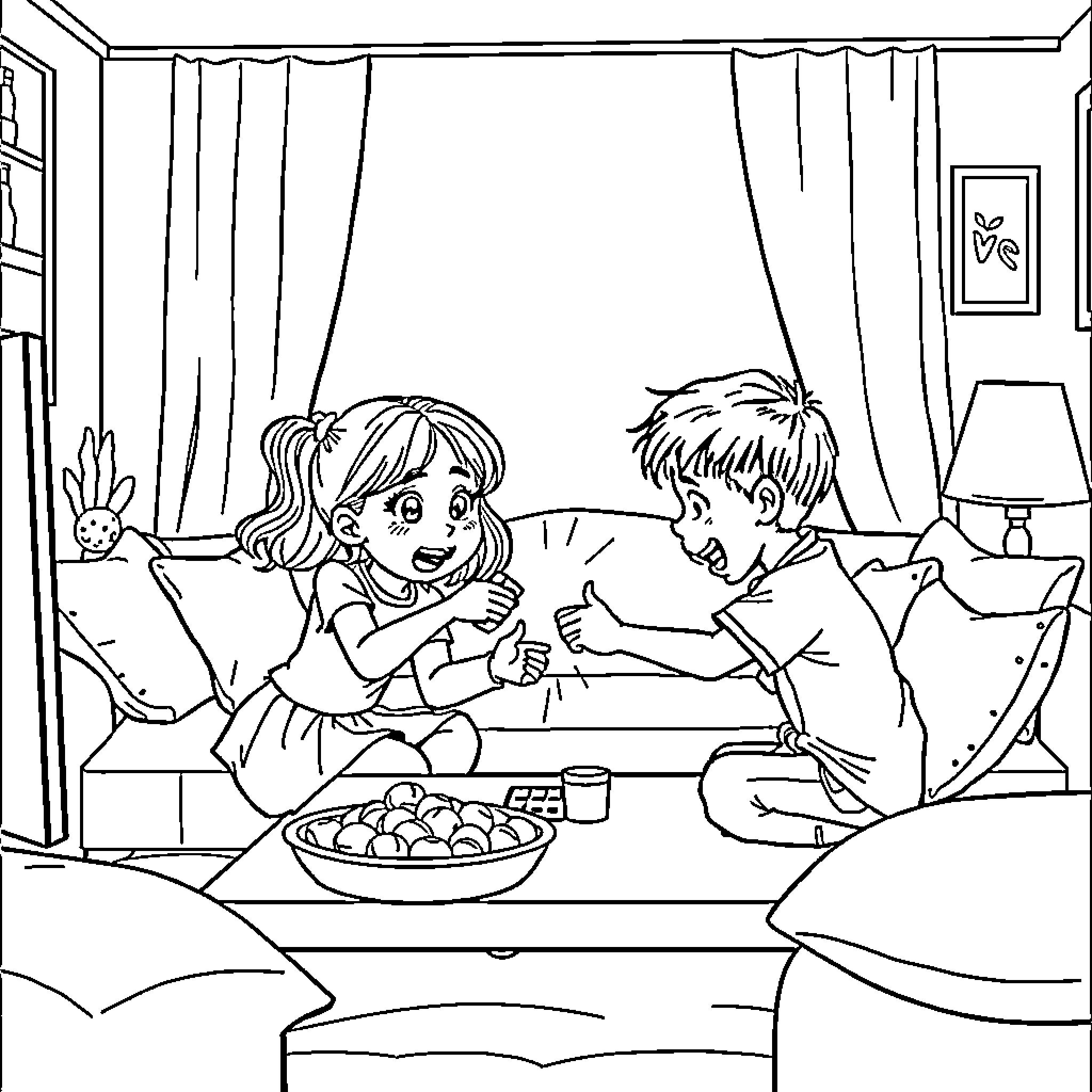 Girl and Boy Playing Together in Living Room Coloring Page (free black-and-white line drawing printable PDF for all, from beginners to advanced learners, including children, teens, adults, and seniors)