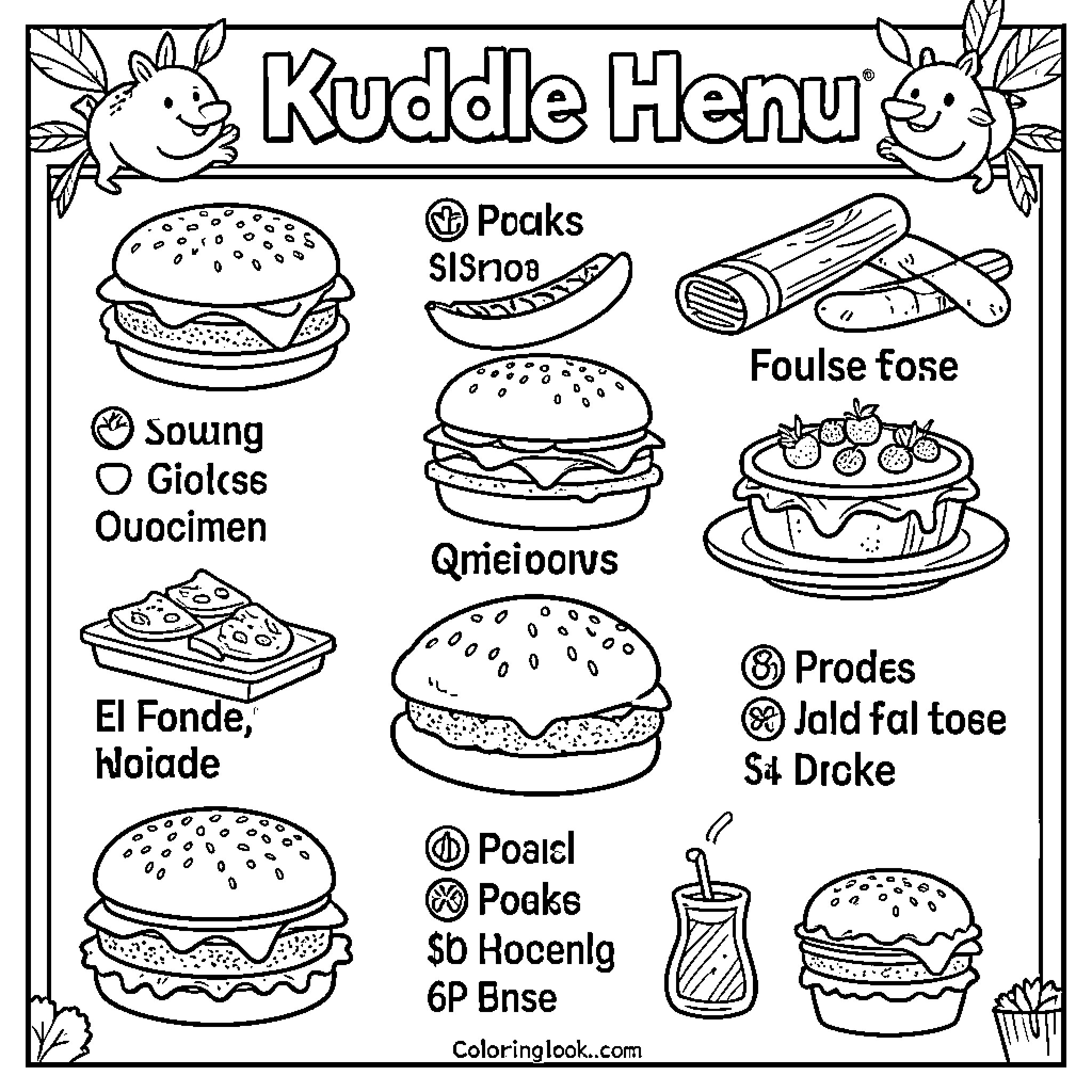 Kids discovering various types of food illustrations Coloring Page (free black-and-white line drawing printable PDF for all, from beginners to advanced learners, including children, teens, adults, and seniors)