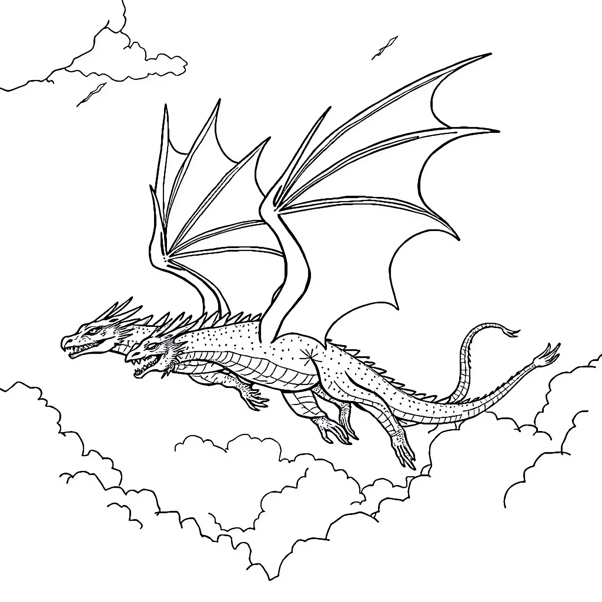 Dragon soaring through cloudy skies Coloring Page (free black-and-white line drawing printable PDF for all, from beginners to advanced learners, including children, teens, adults, and seniors)