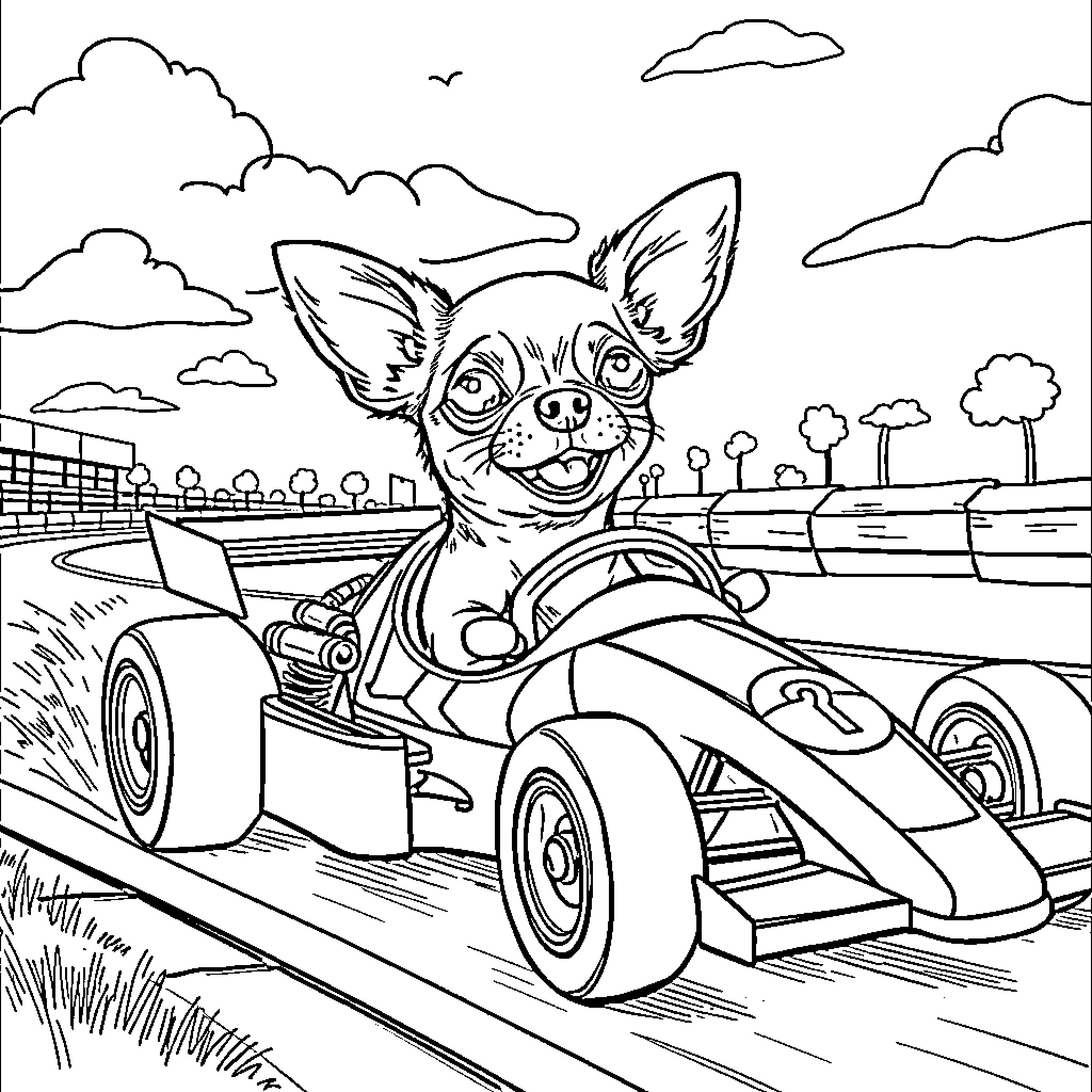 Chihuahua driving a race car on the track Coloring Page (free black-and-white line drawing printable PDF for all, from beginners to advanced learners, including children, teens, adults, and seniors)