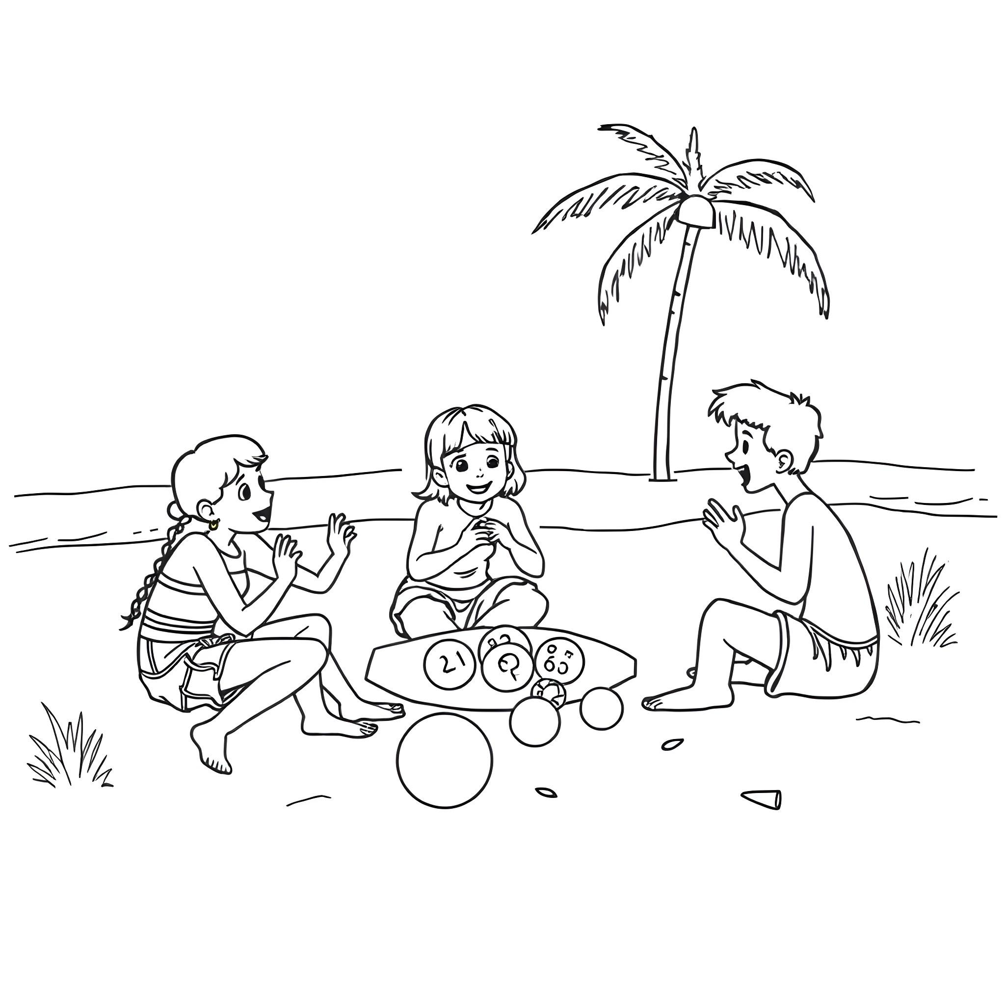 Bingo! Kids Playing Beach Games under Palm Tree Coloring Page (free black-and-white line drawing printable PDF for all, from beginners to advanced learners, including children, teens, adults, and seniors)