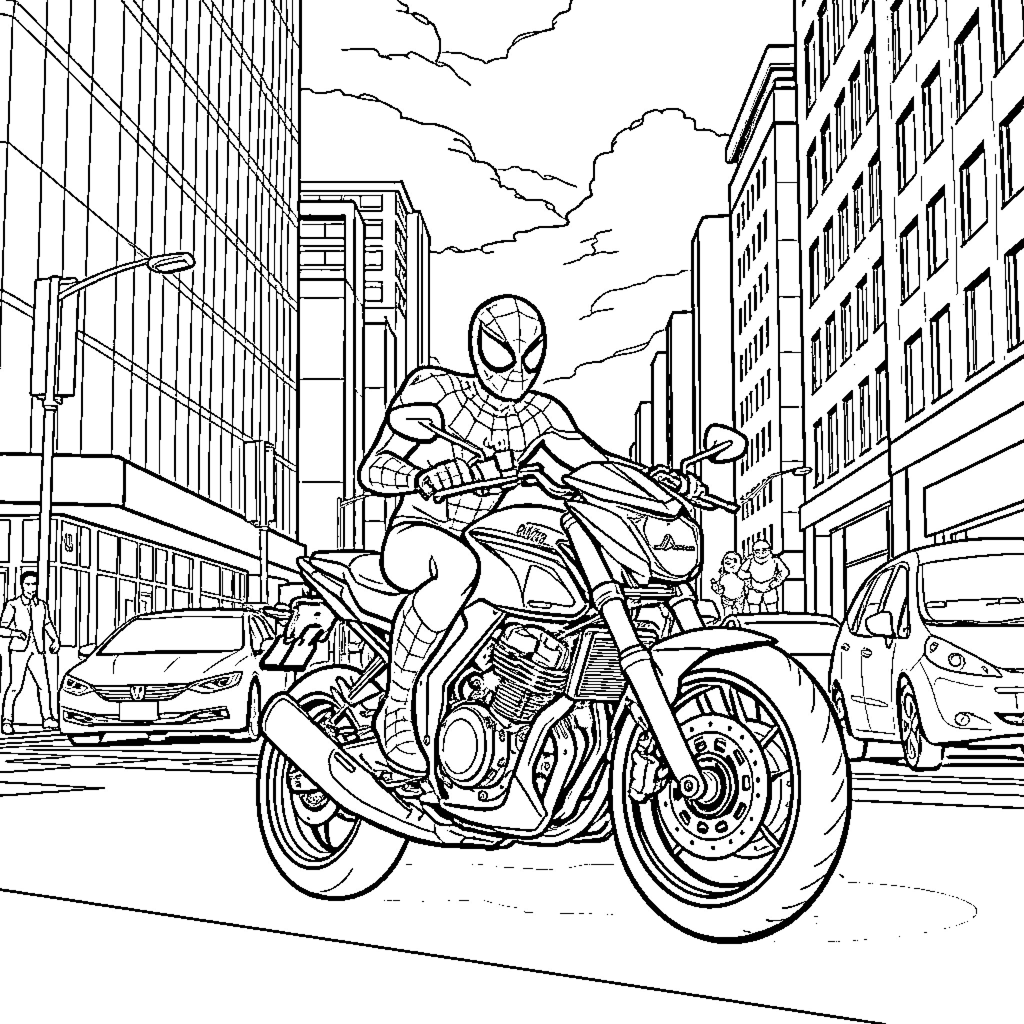 Spiderman riding a motorcycle through the city Coloring Page (free black-and-white line drawing printable PDF for all, from beginners to advanced learners, including children, teens, adults, and seniors)