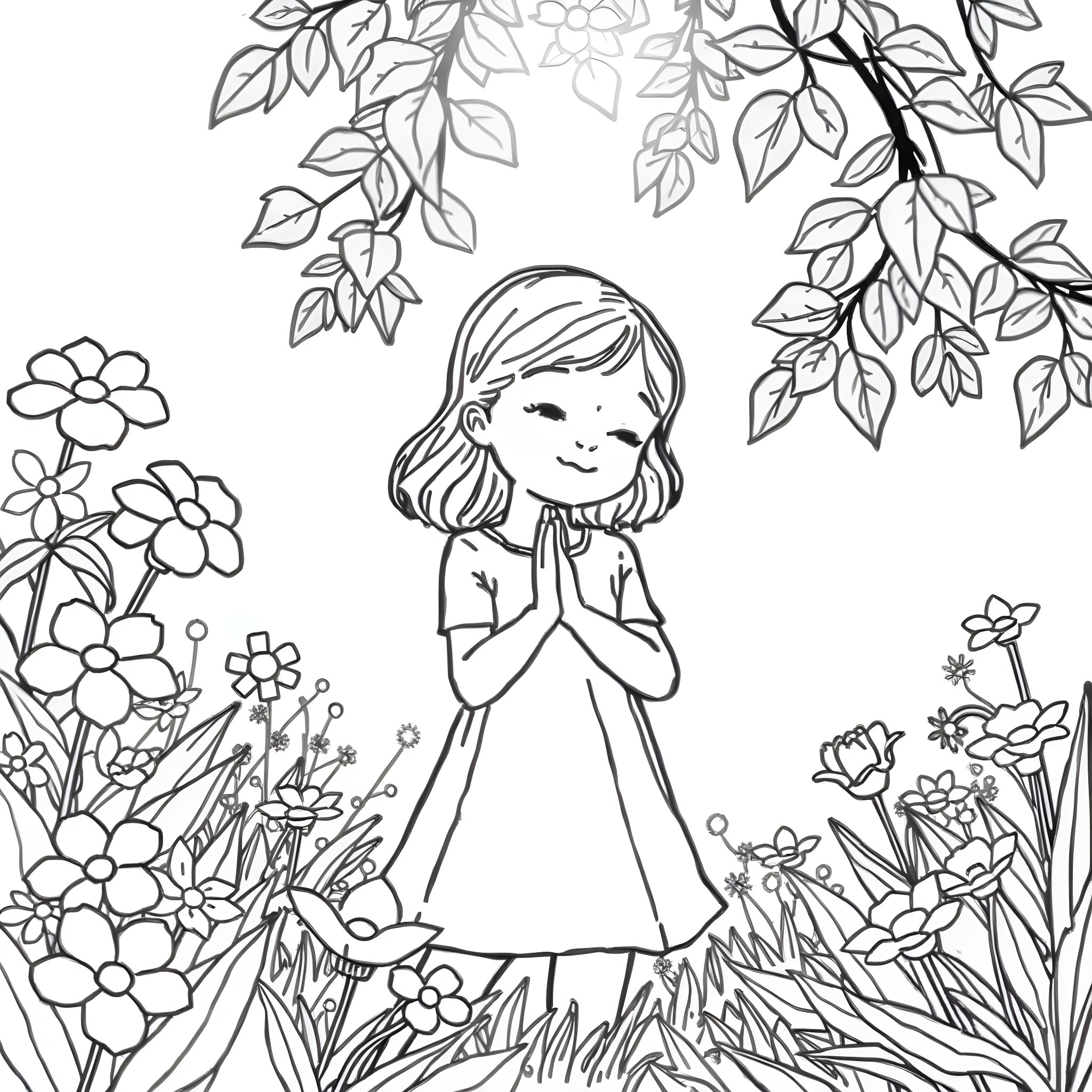 Christian girl praying in a lush garden Coloring Page (free black-and-white line drawing printable PDF for all, from beginners to advanced learners, including children, teens, adults, and seniors)