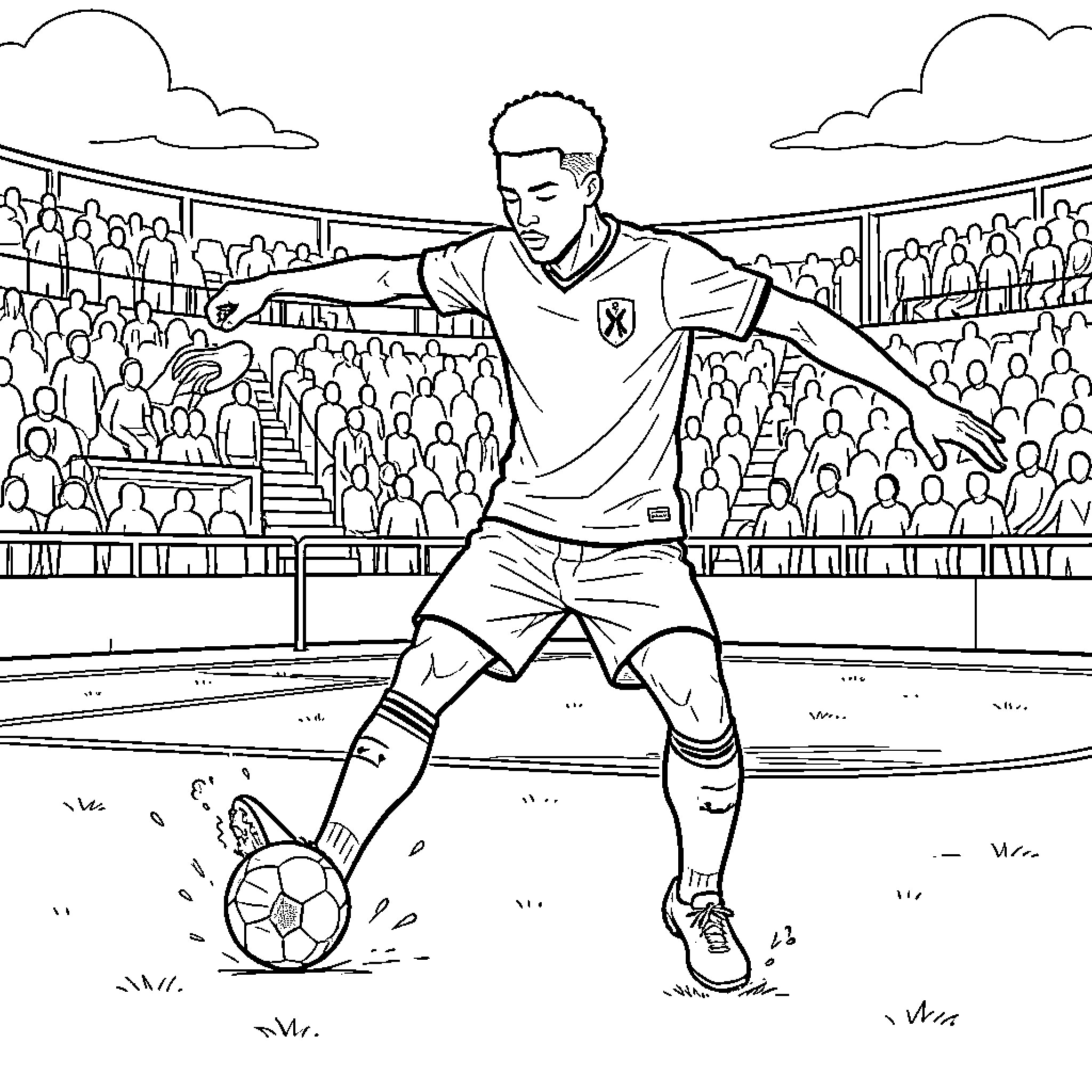 Dembelé dribbling a soccer ball in a crowded stadium Coloring Page (free black-and-white line drawing printable PDF for all, from beginners to advanced learners, including children, teens, adults, and seniors)