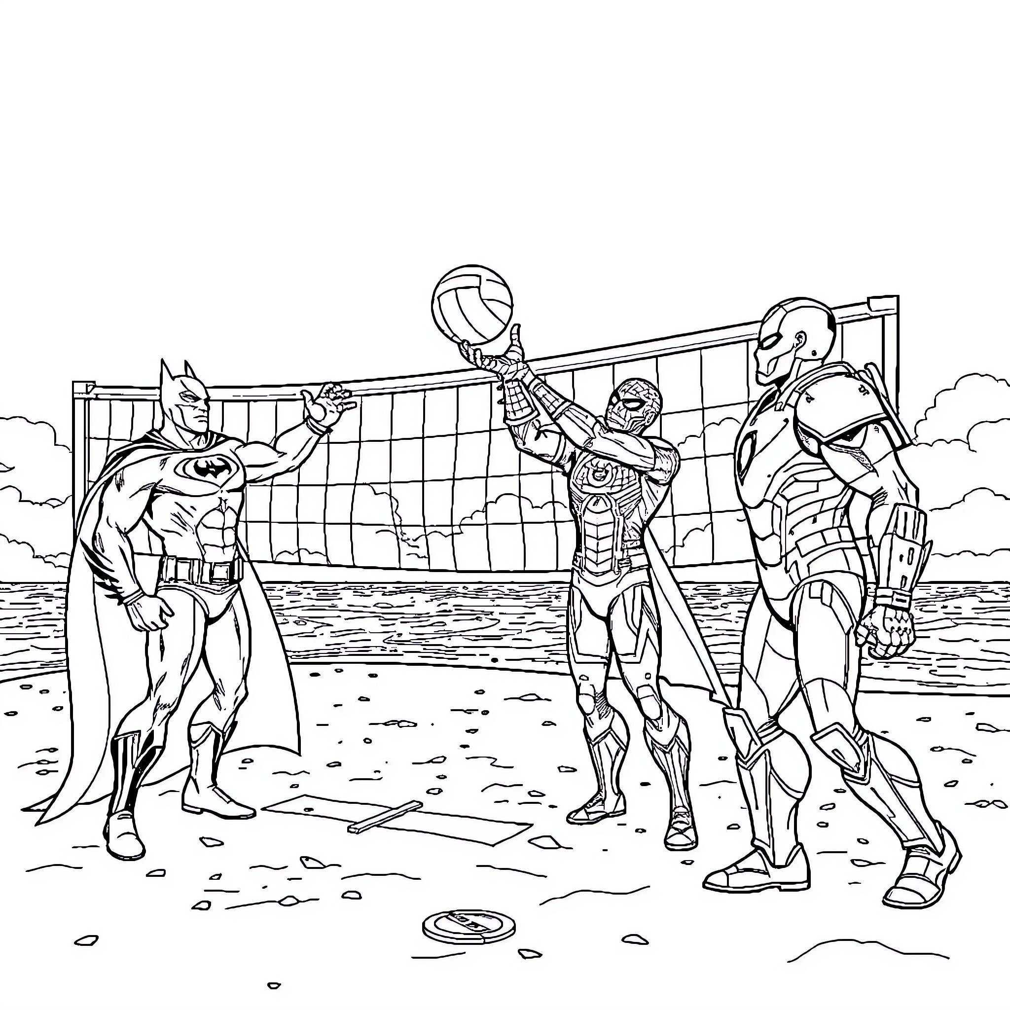 Superhero volleyball match on the beach Coloring Page (free black-and-white line drawing printable PDF for all, from beginners to advanced learners, including children, teens, adults, and seniors)