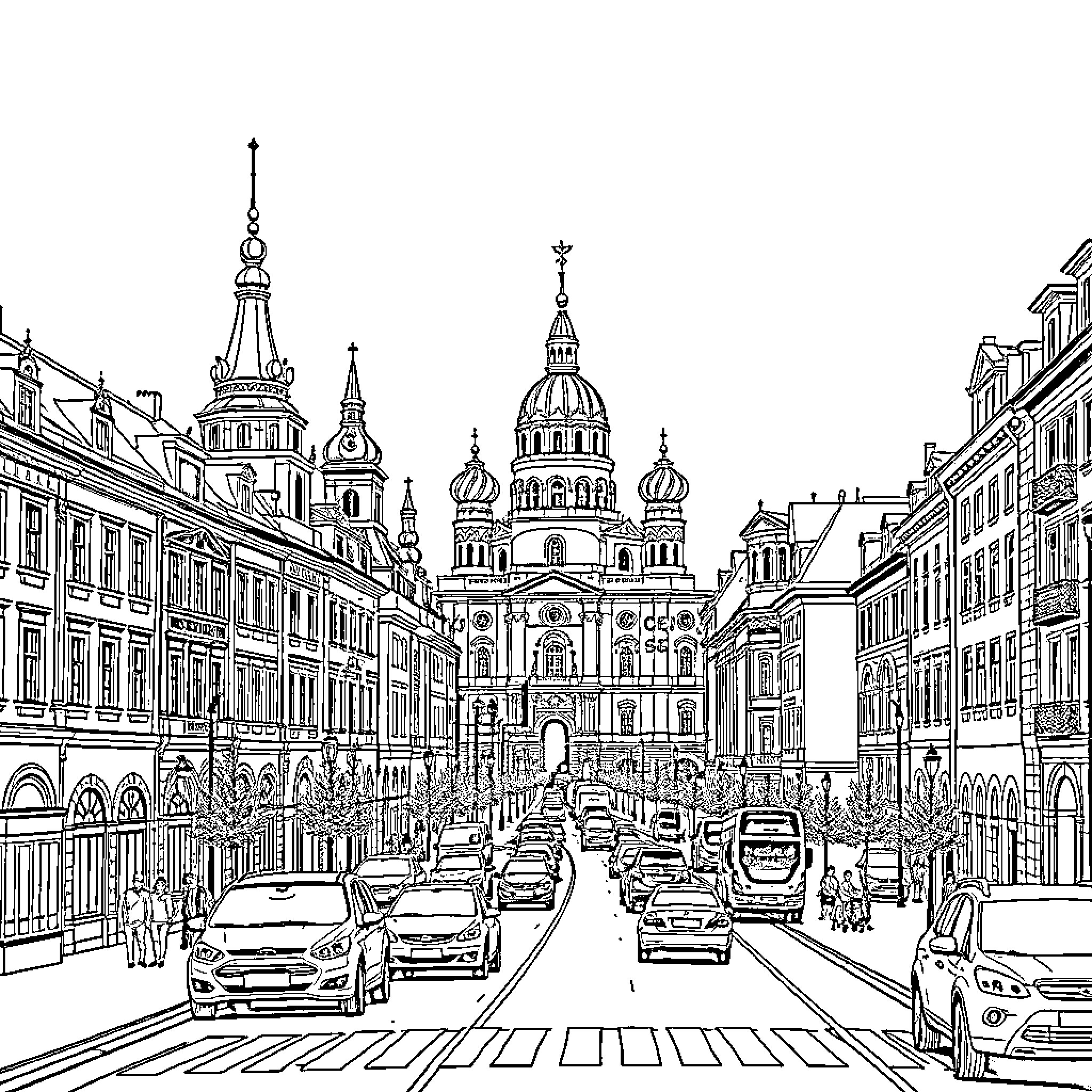 Smolensk city streets with historic architecture Coloring Page (free black-and-white line drawing printable PDF for all, from beginners to advanced learners, including children, teens, adults, and seniors)